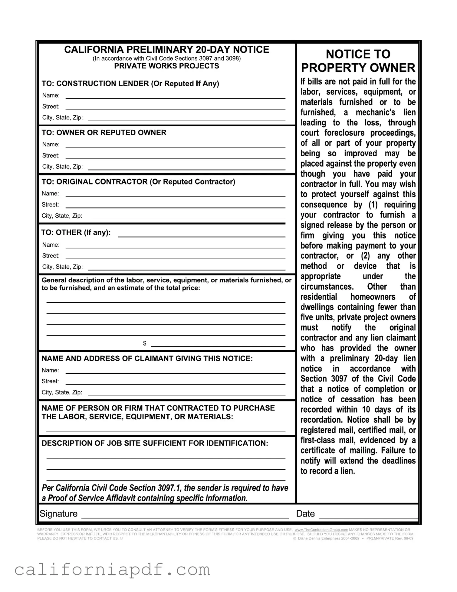 Fill a Valid 20 Day Notice California Form