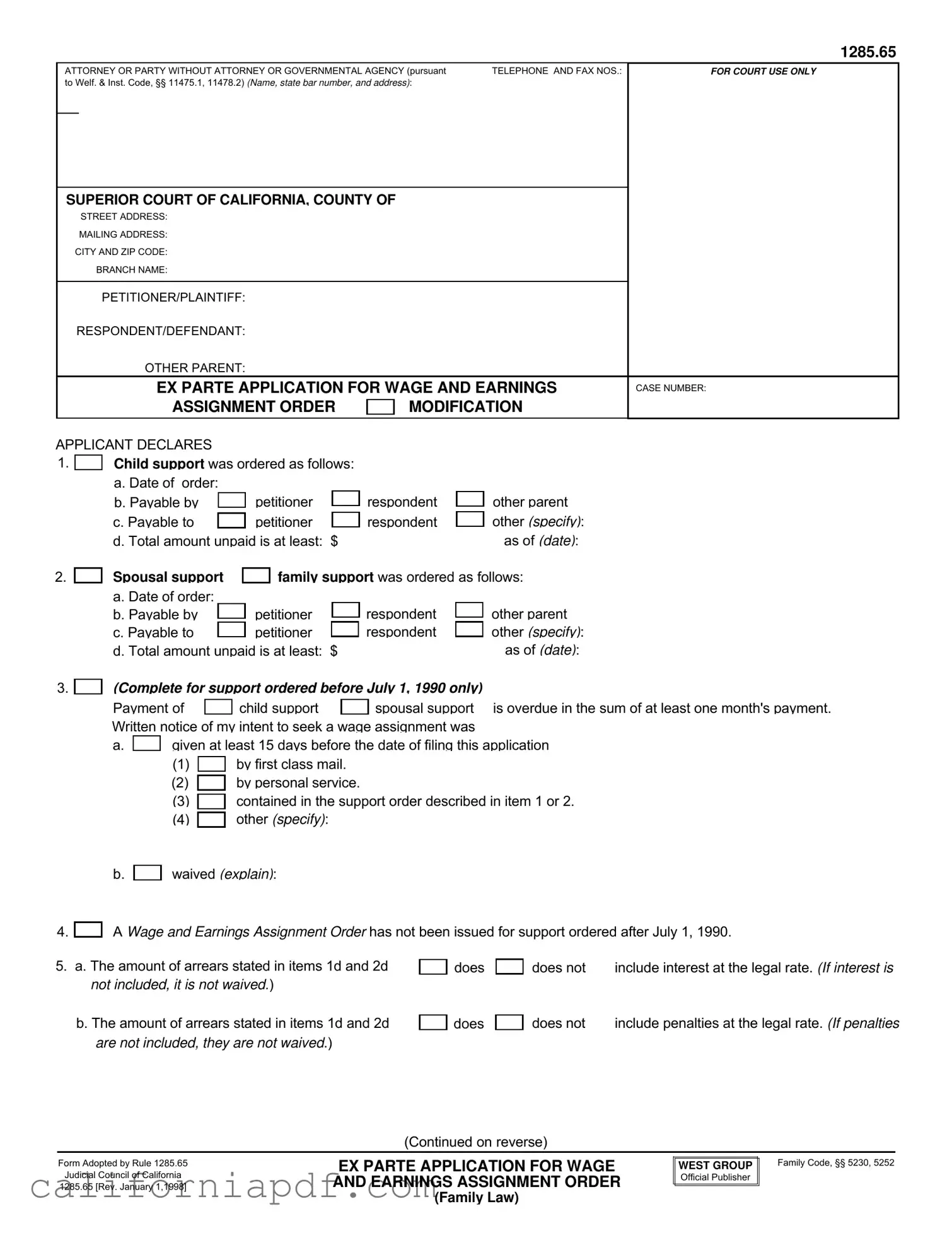 Fill a Valid California 1285 65 Form