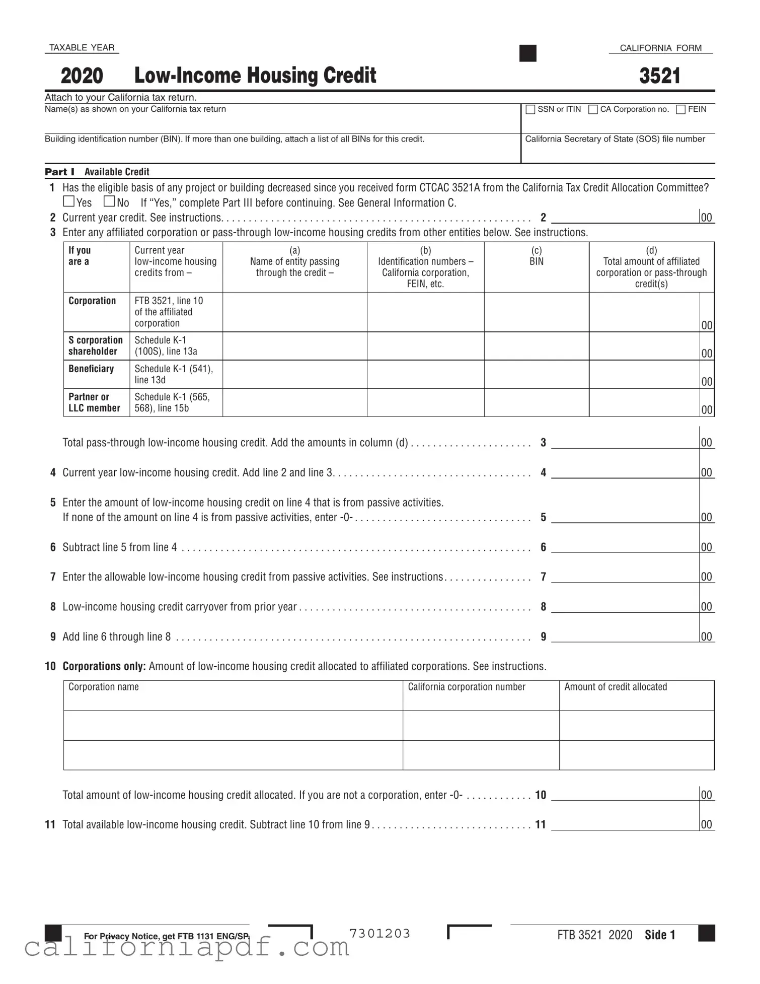 Fill a Valid California 3521 Form