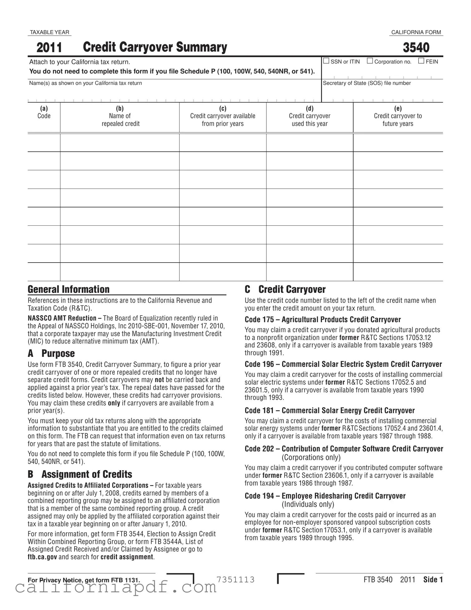 Fill a Valid California 3540 Form