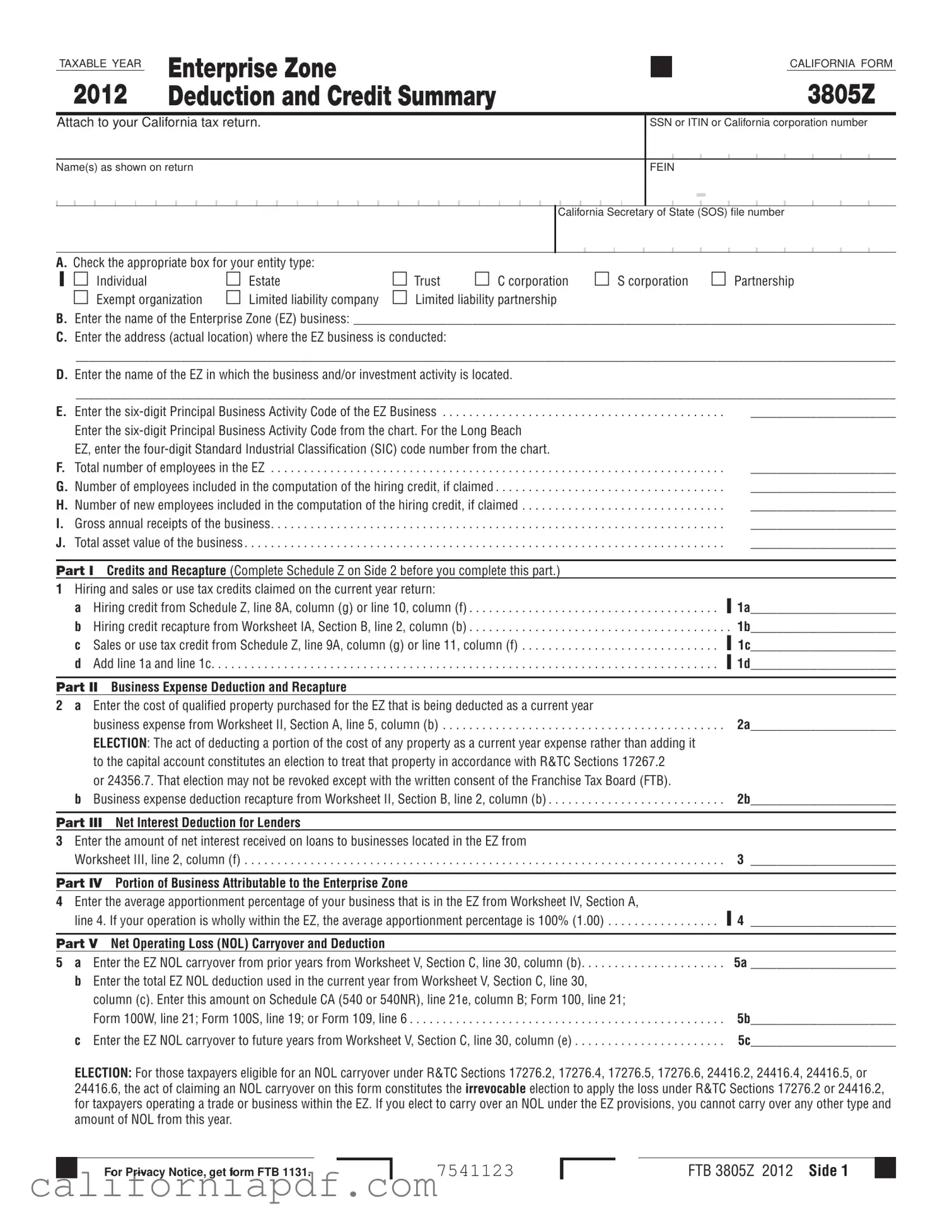 Fill a Valid California 3805Z Form