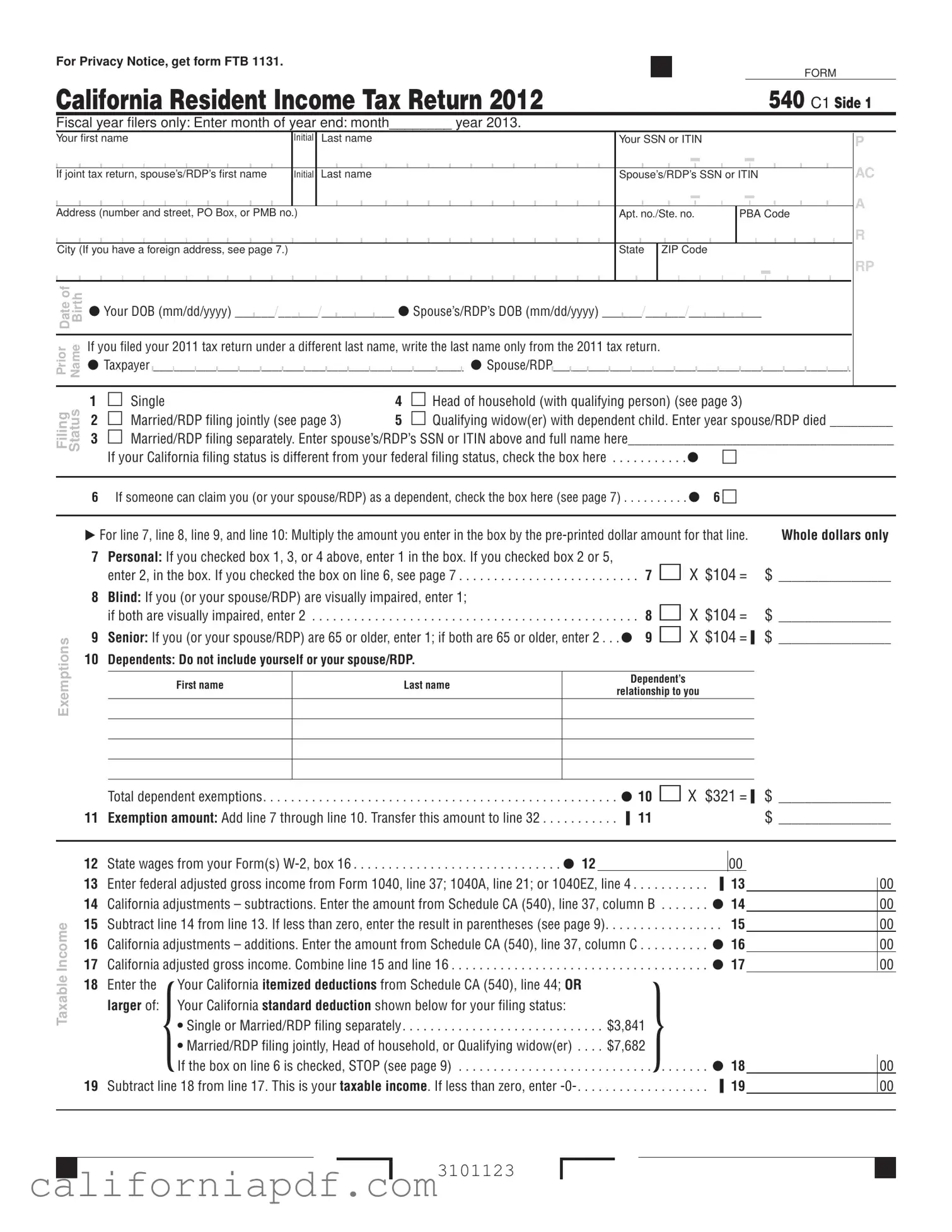 Fill a Valid California 540 C1 Form