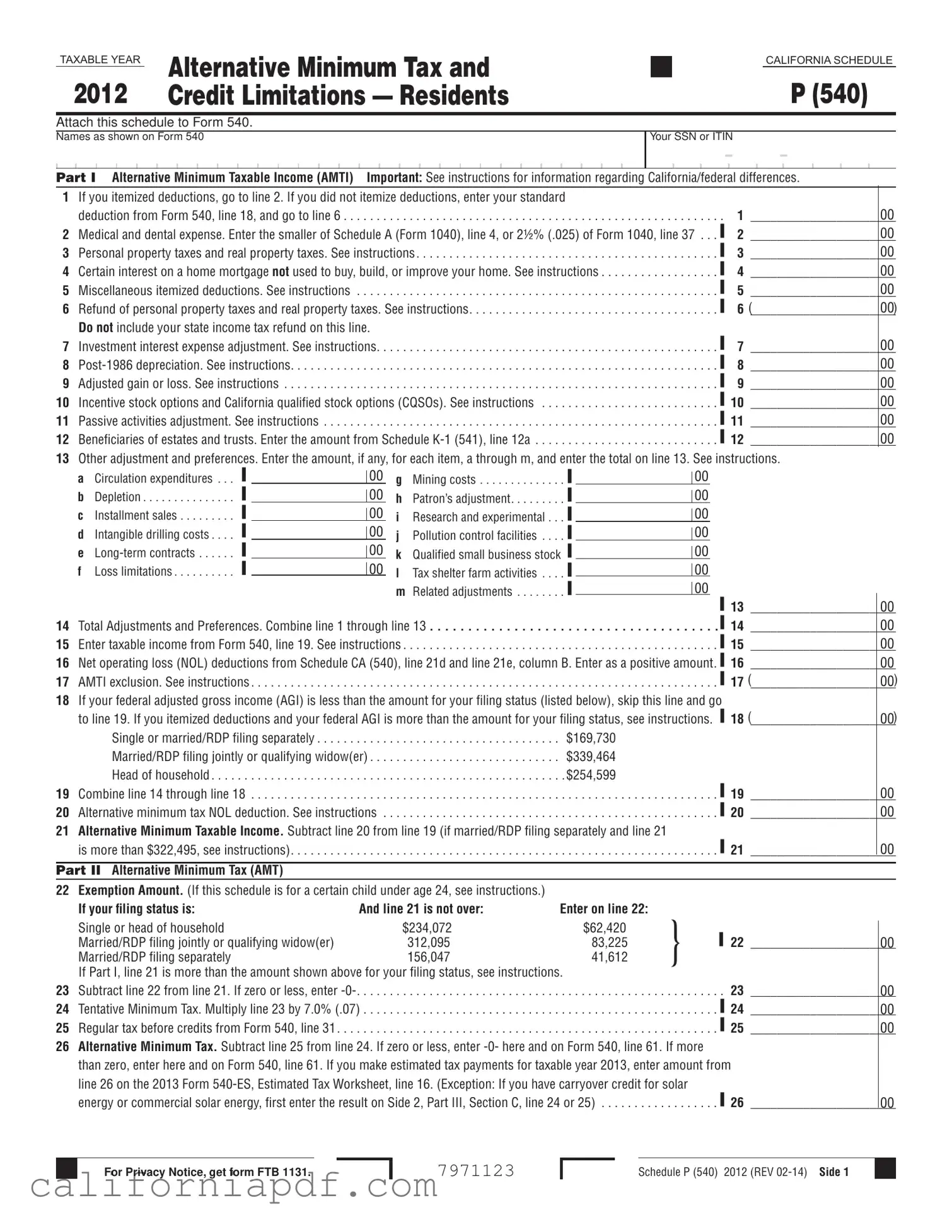 Fill a Valid California 540 Schedule P Form