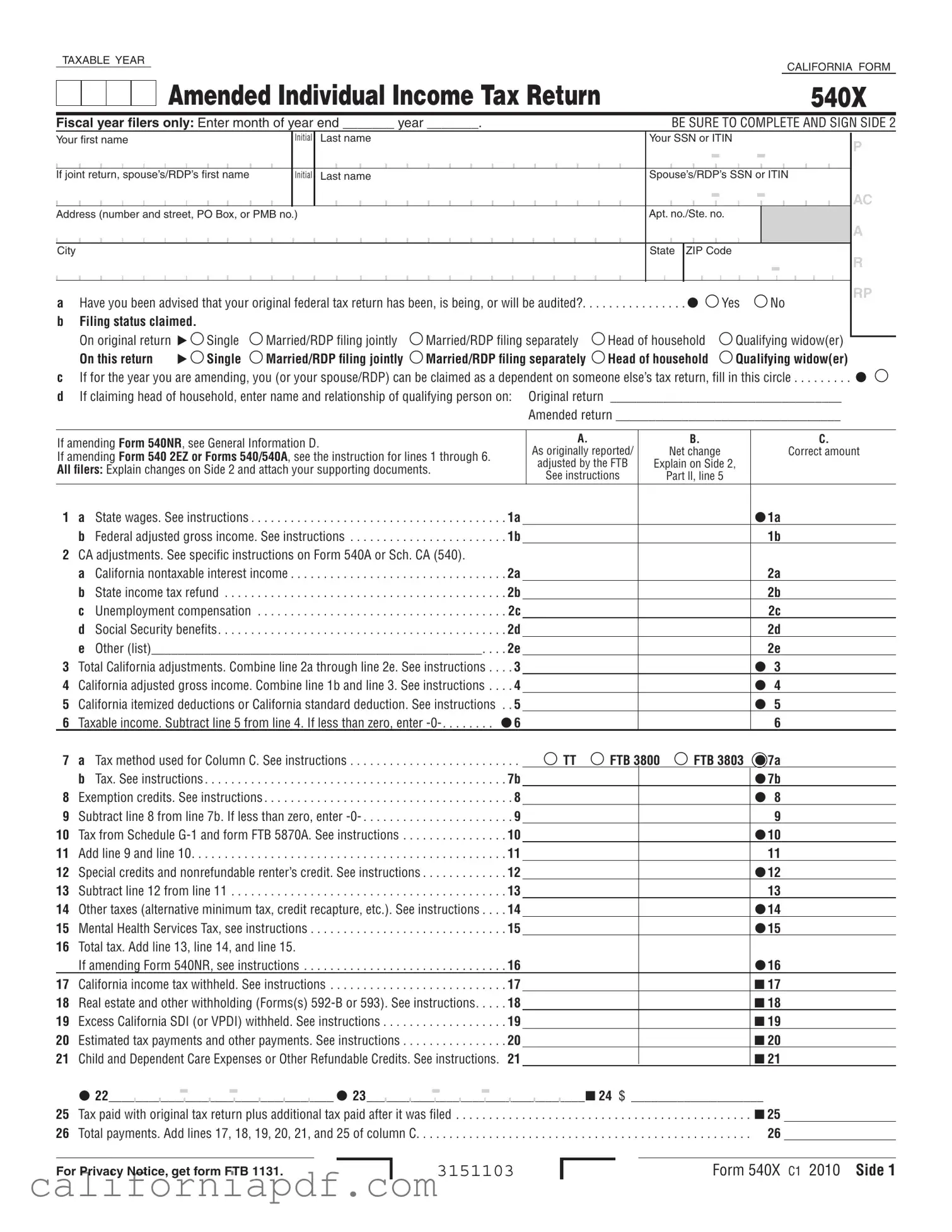 Fill a Valid California 540X Form