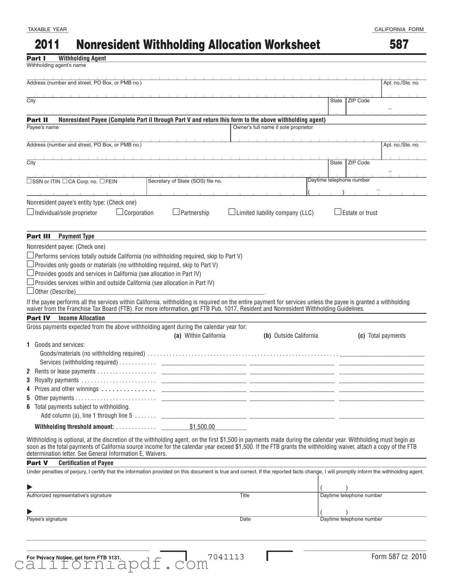 Fill a Valid California 587 Form