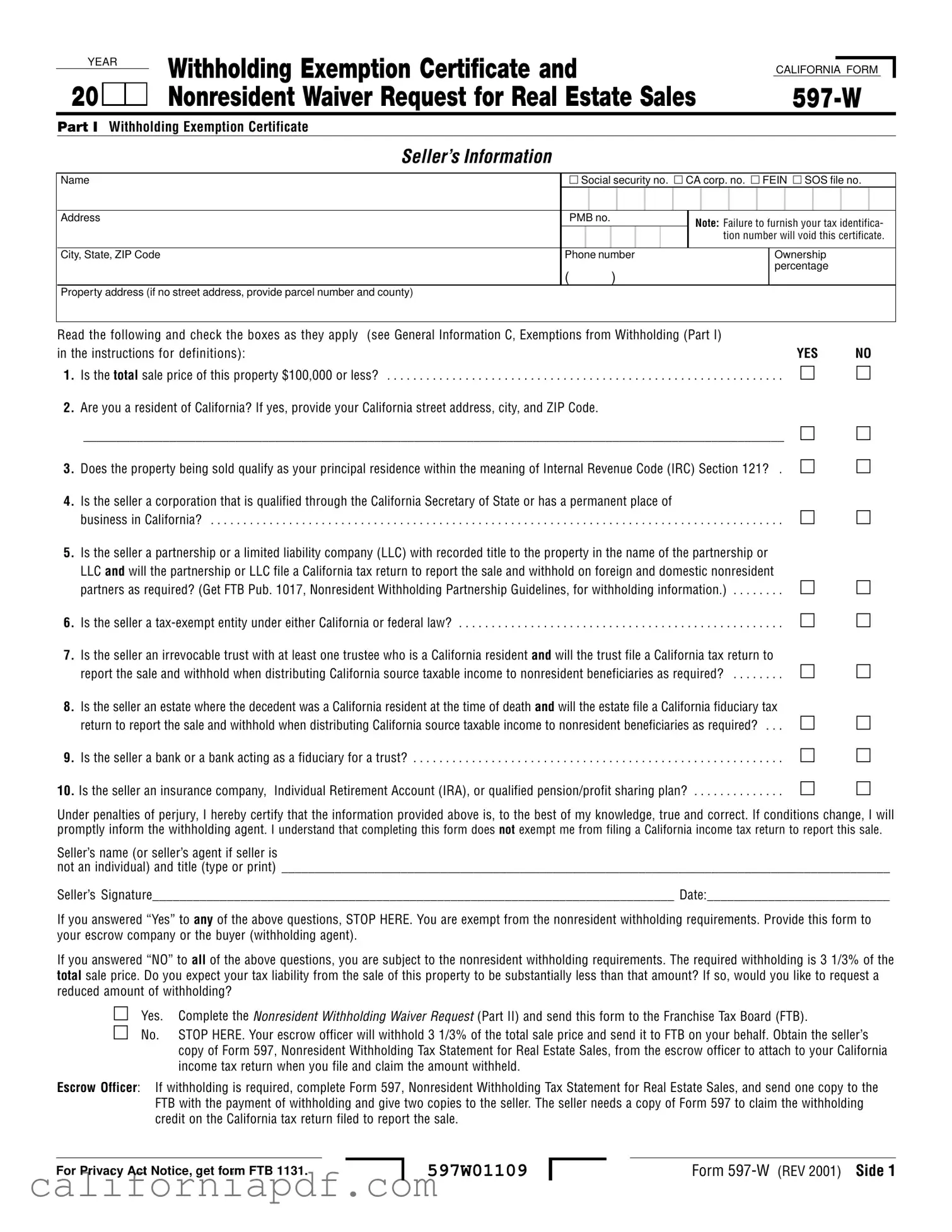 Fill a Valid California 597 W Form