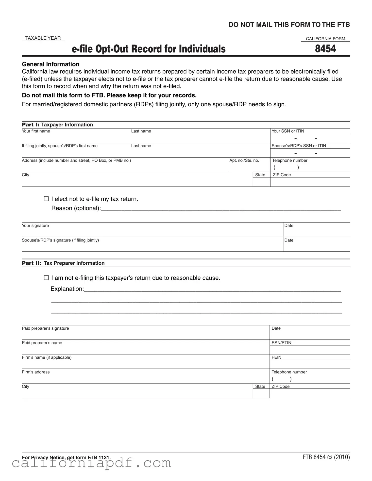 Fill a Valid California 8454 Form