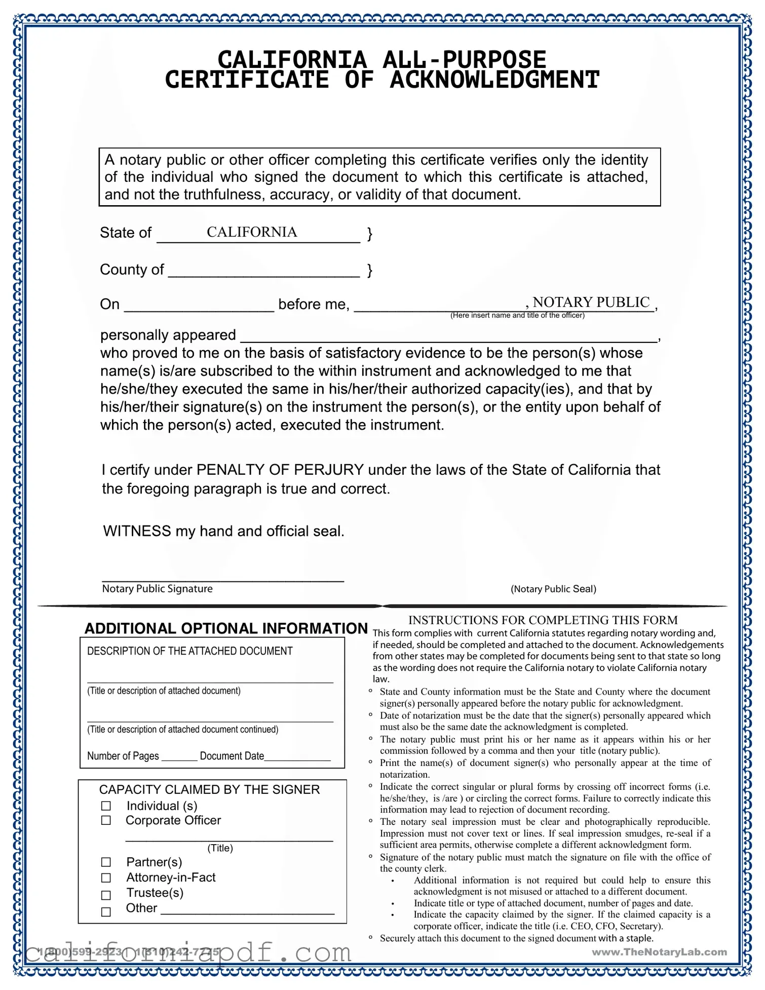 Fill a Valid California Acknowledgement Certificate Form