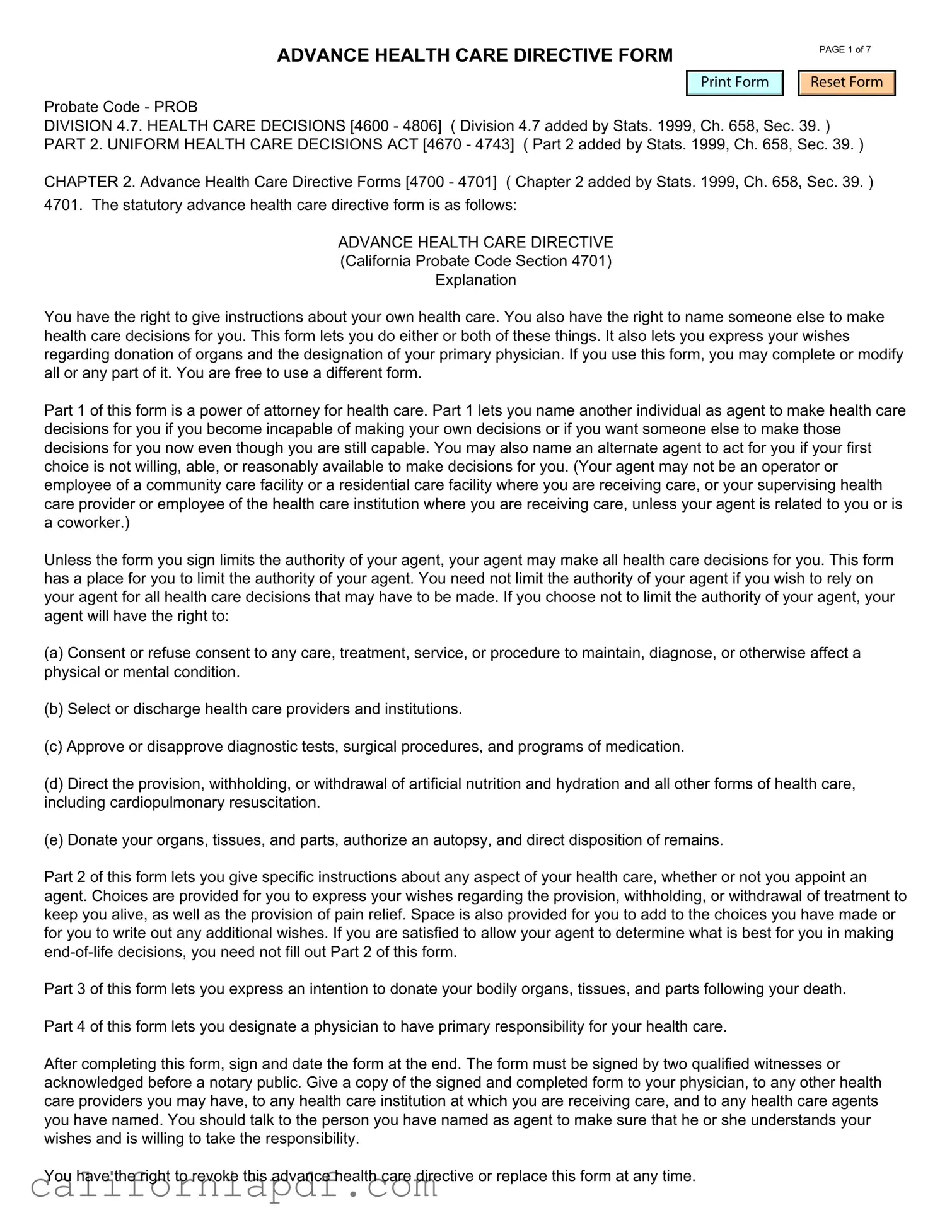 Fill a Valid California Advanced Health Care Directive Form