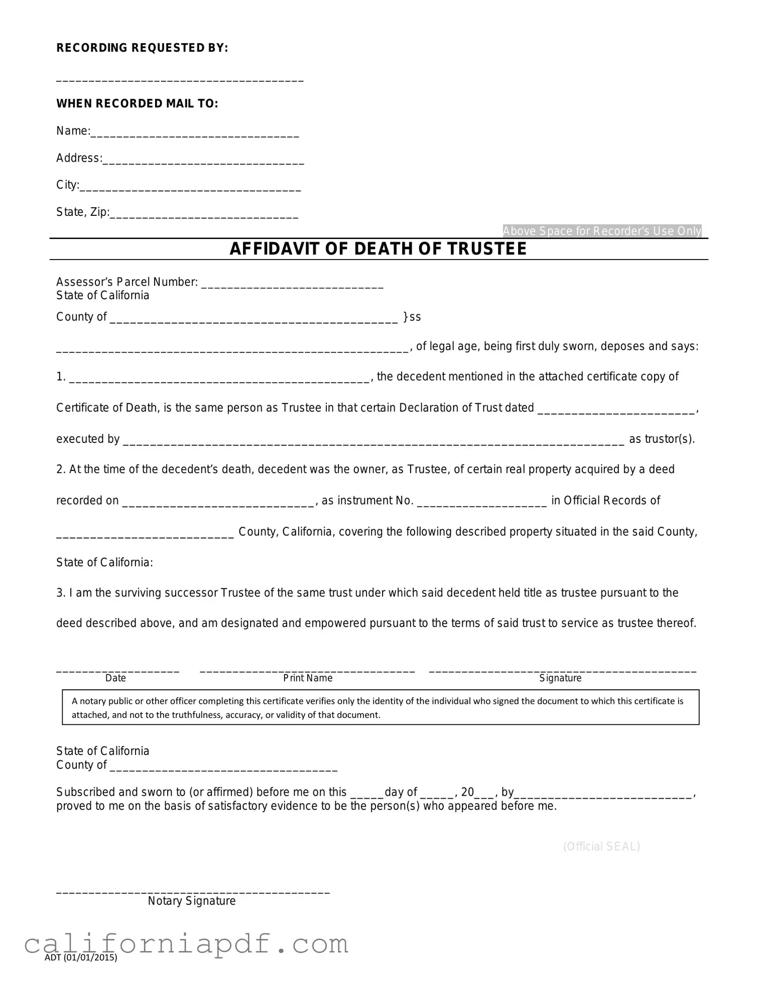 Fill a Valid California Affidavit of Death of a Trustee Form