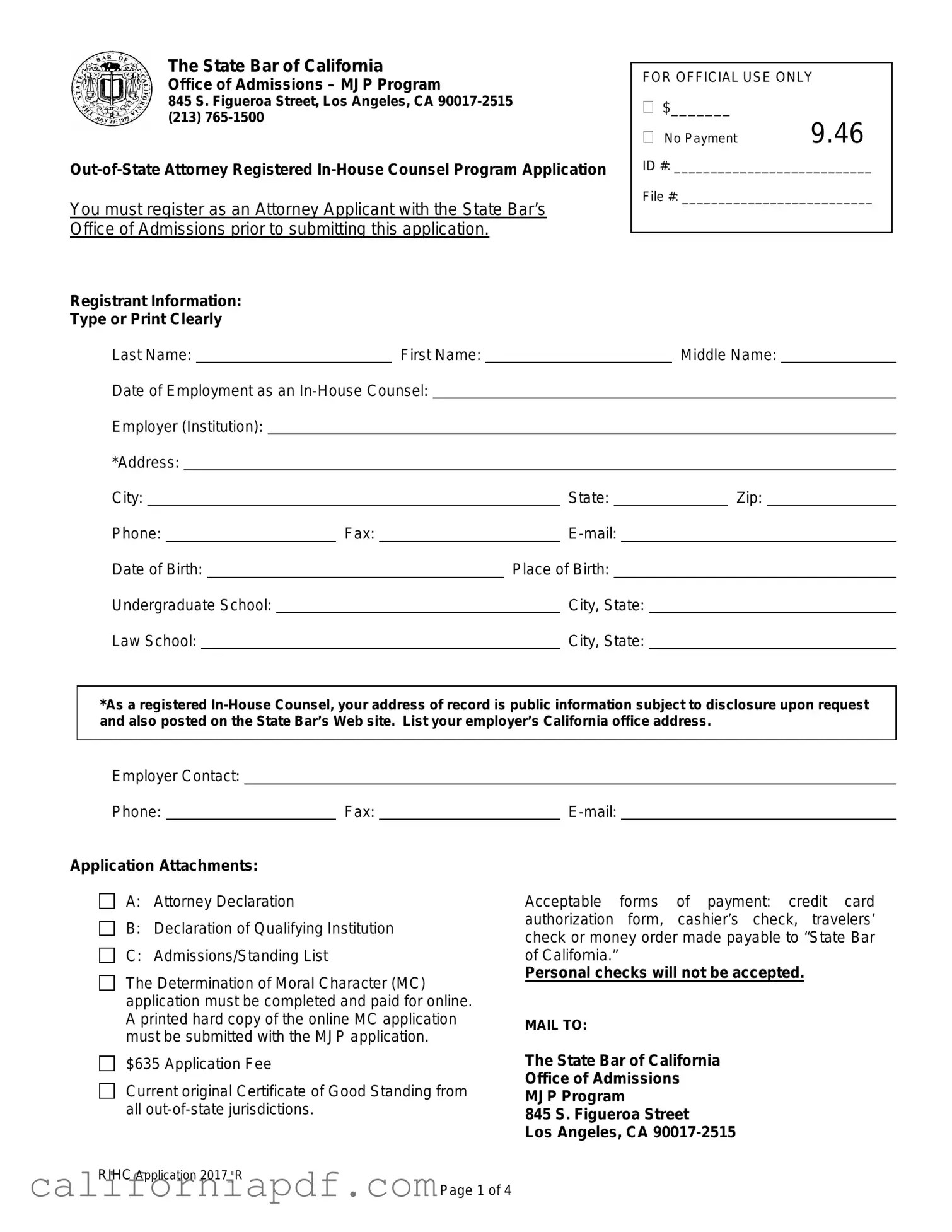 Fill a Valid California Application Registered In Counsel Form