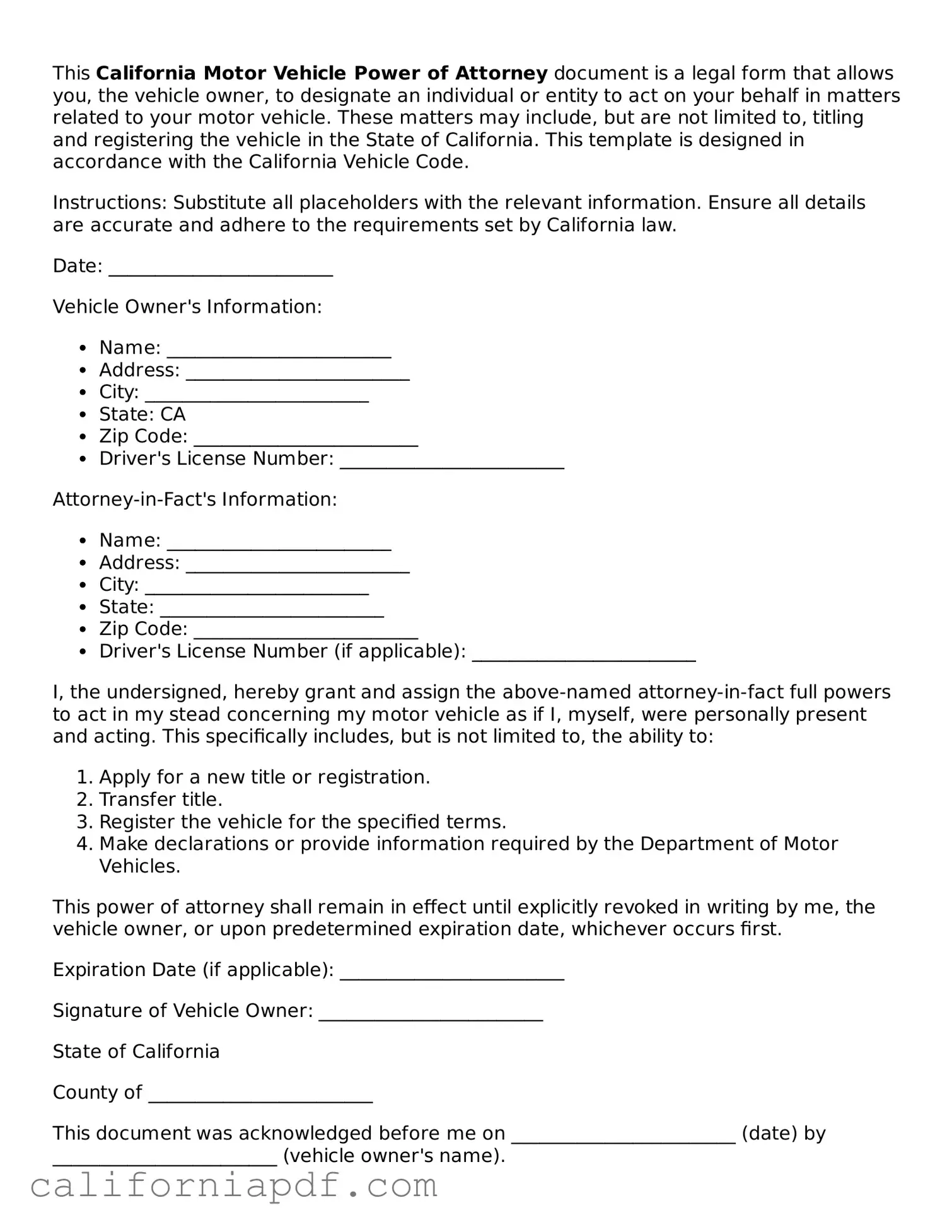 Attorney-Approved California Motor Vehicle Power of Attorney Document