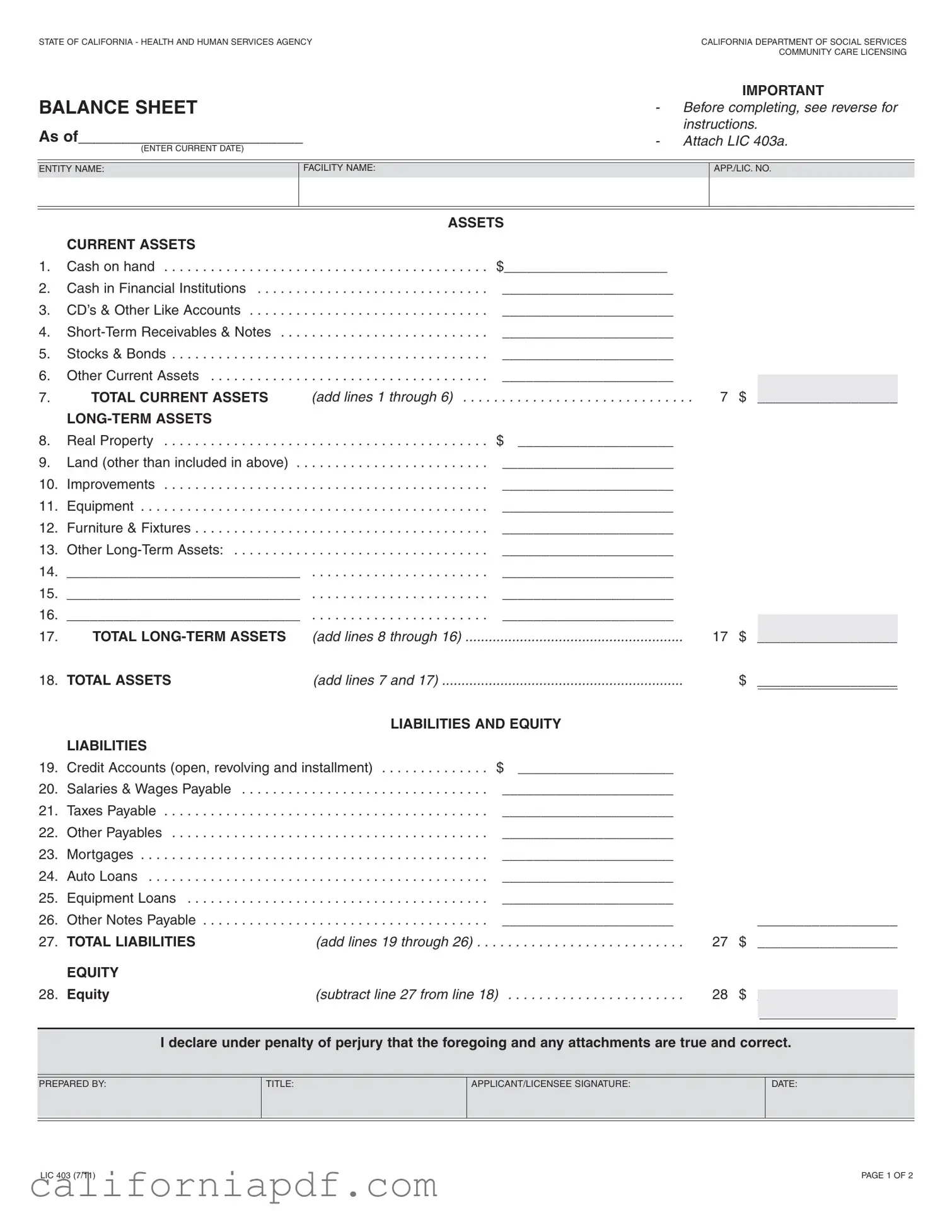 Fill a Valid California Balance Sheet Form