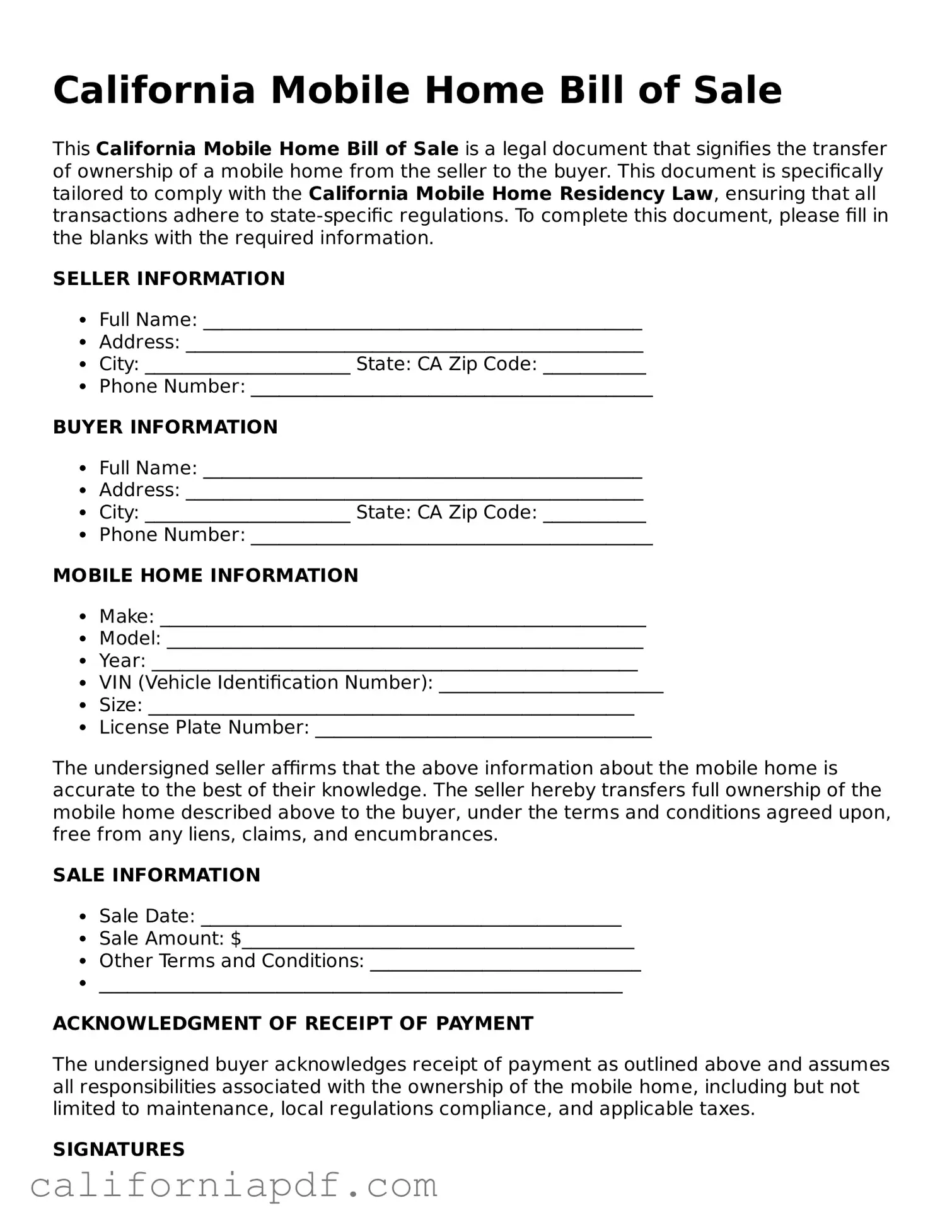 Attorney-Approved California Mobile Home Bill of Sale Document