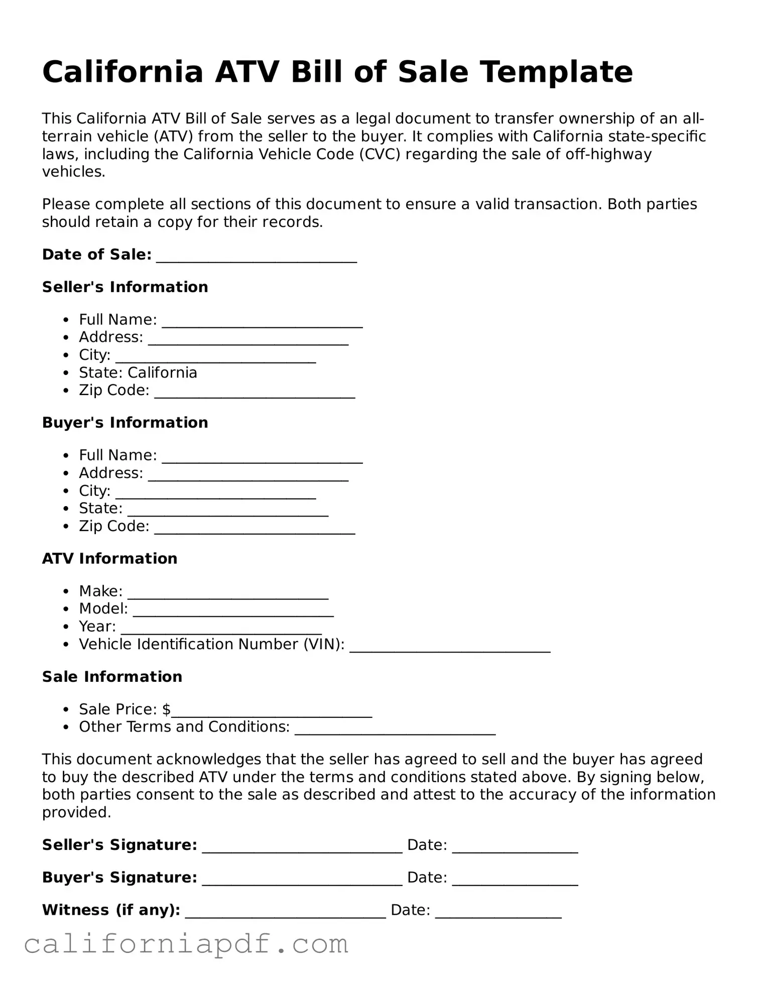 Attorney-Approved California ATV Bill of Sale Document