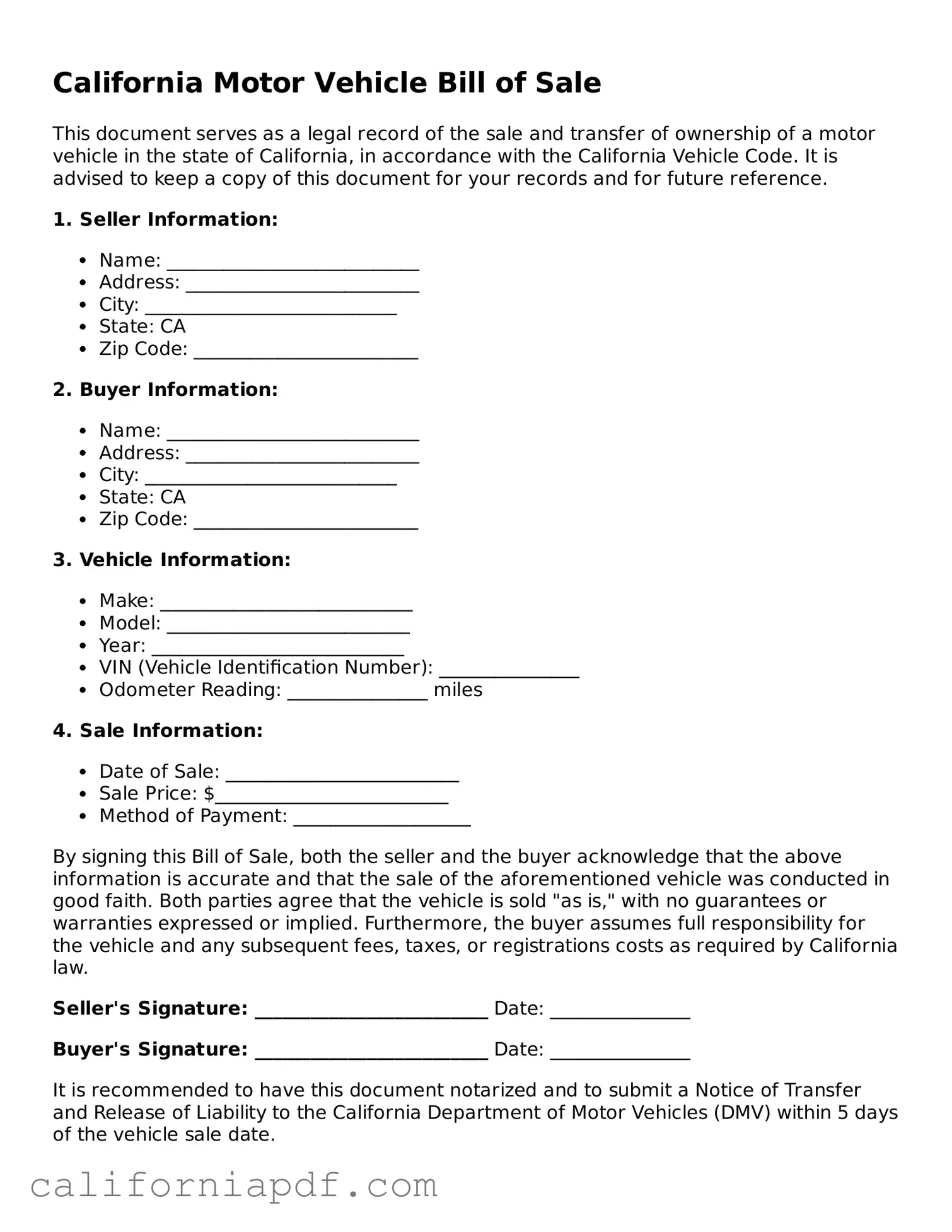 Attorney-Approved California Motor Vehicle Bill of Sale Document