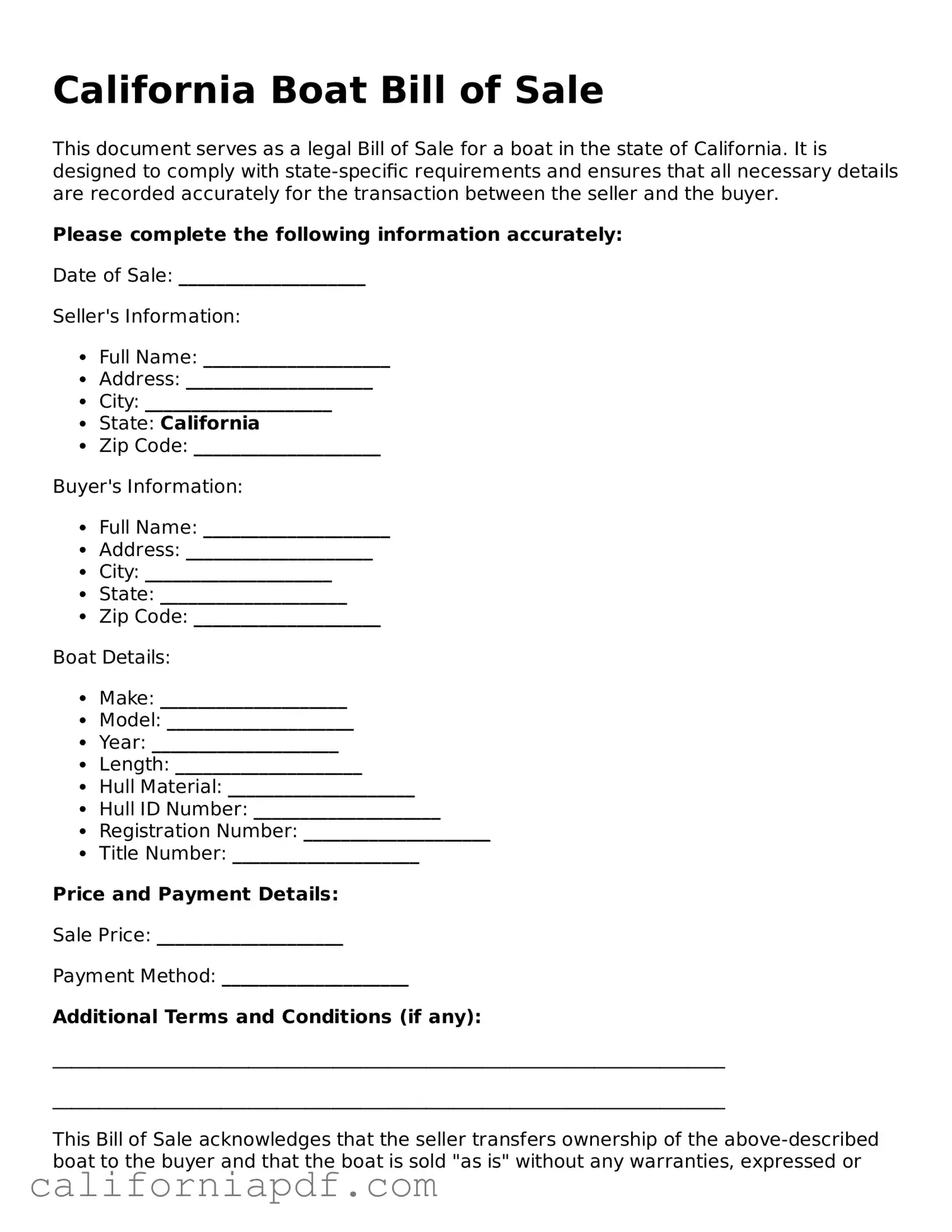 Attorney-Approved California Boat Bill of Sale Document