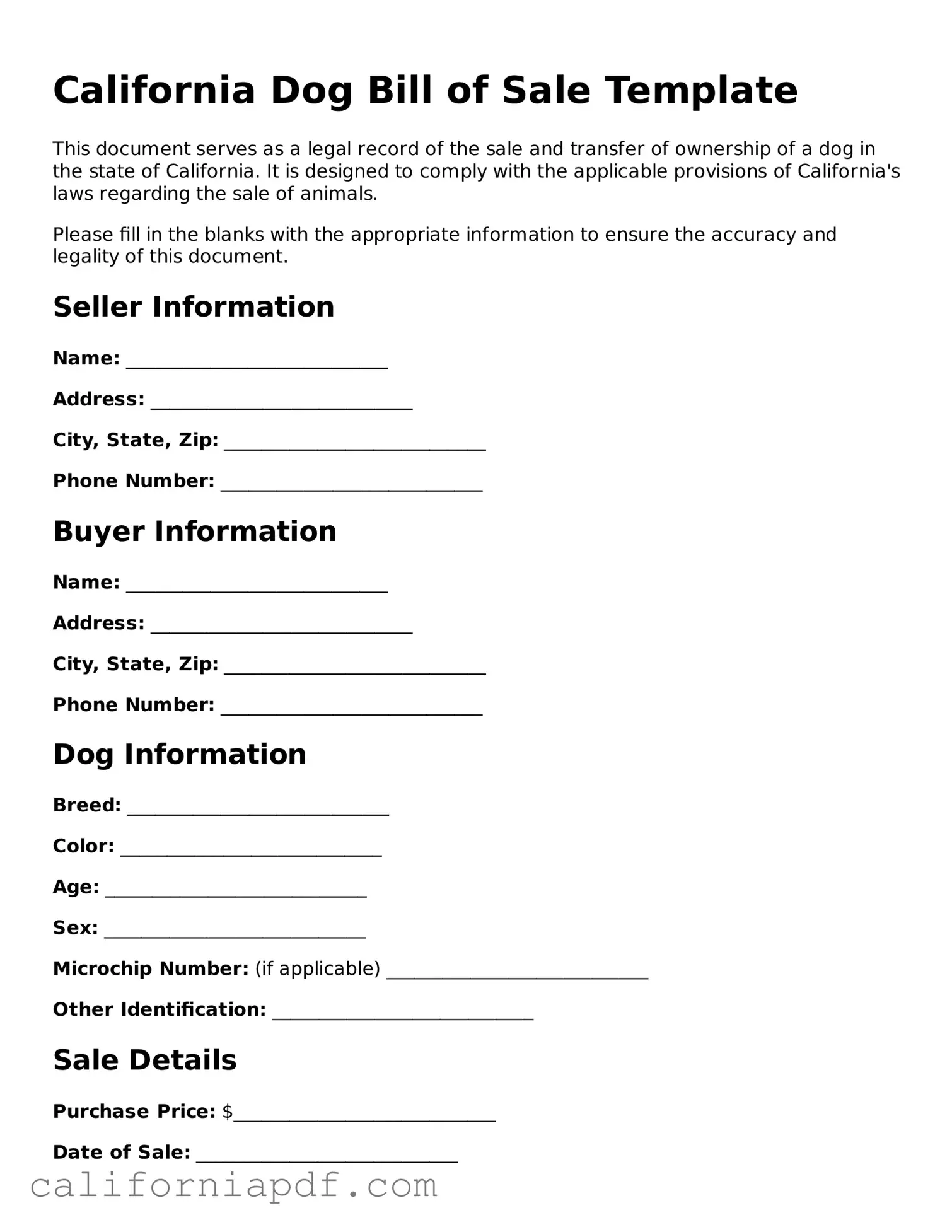 Attorney-Approved California Dog Bill of Sale Document