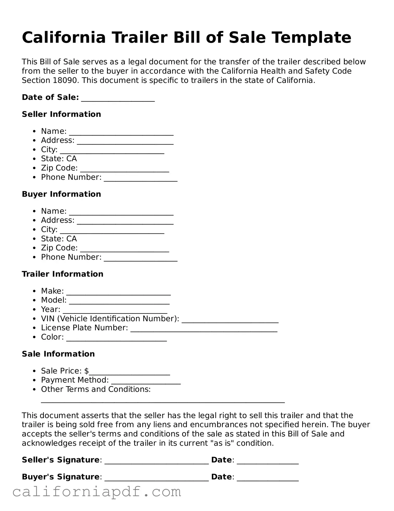 Attorney-Approved California Trailer Bill of Sale Document