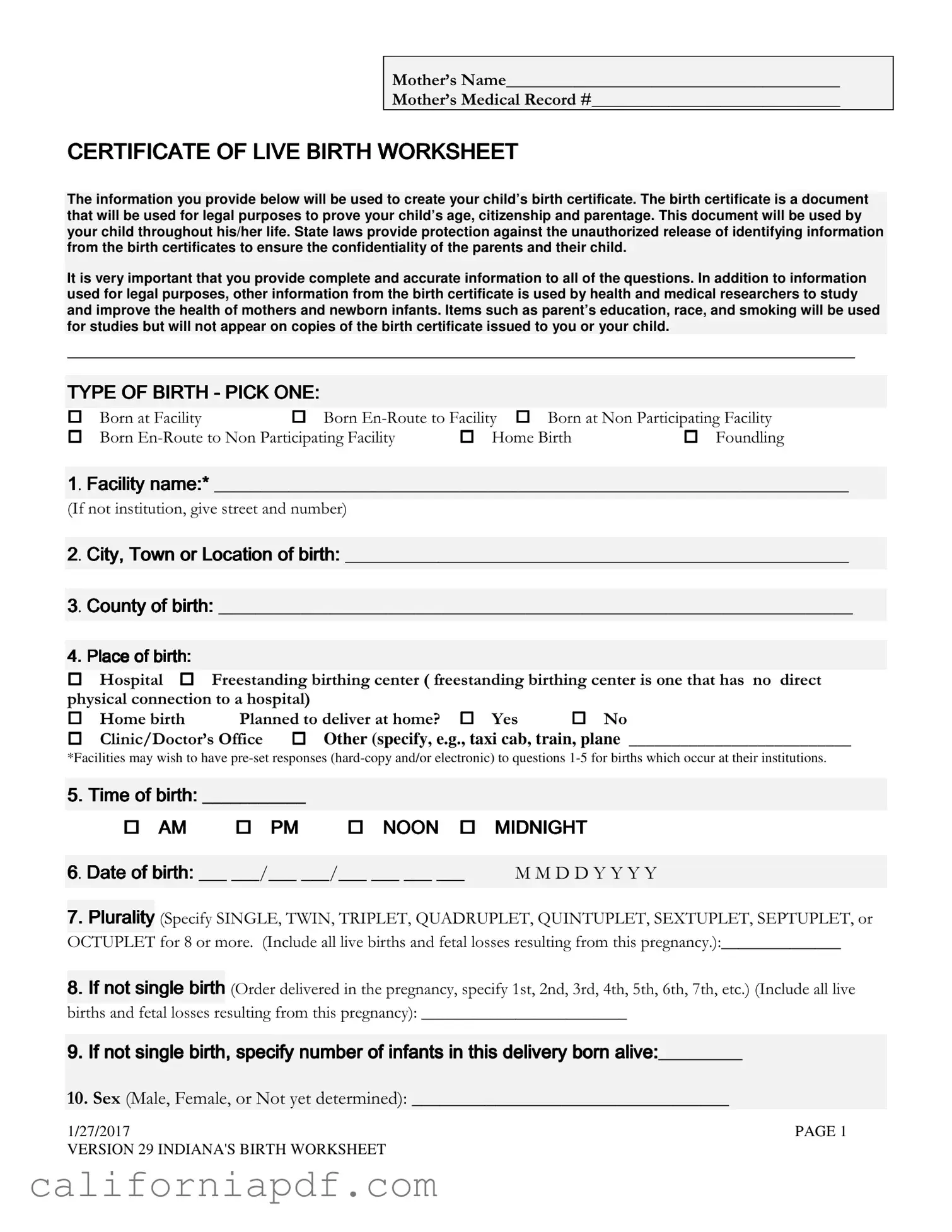 Fill a Valid California Birth Certificate Editable Free Form