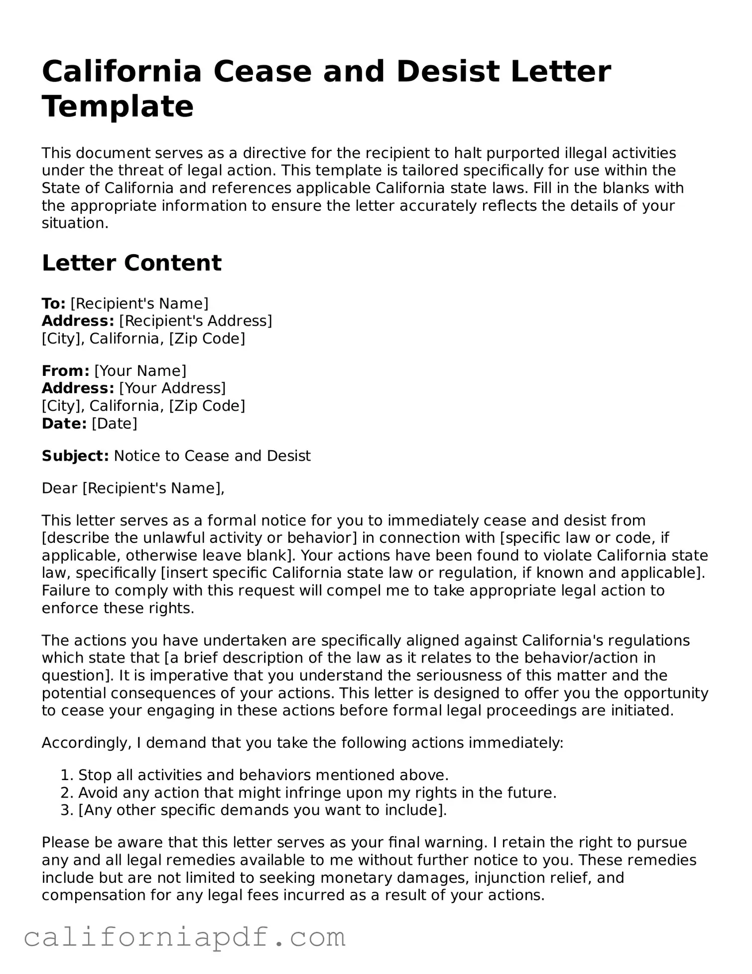 Attorney-Approved California Cease and Desist Letter Document