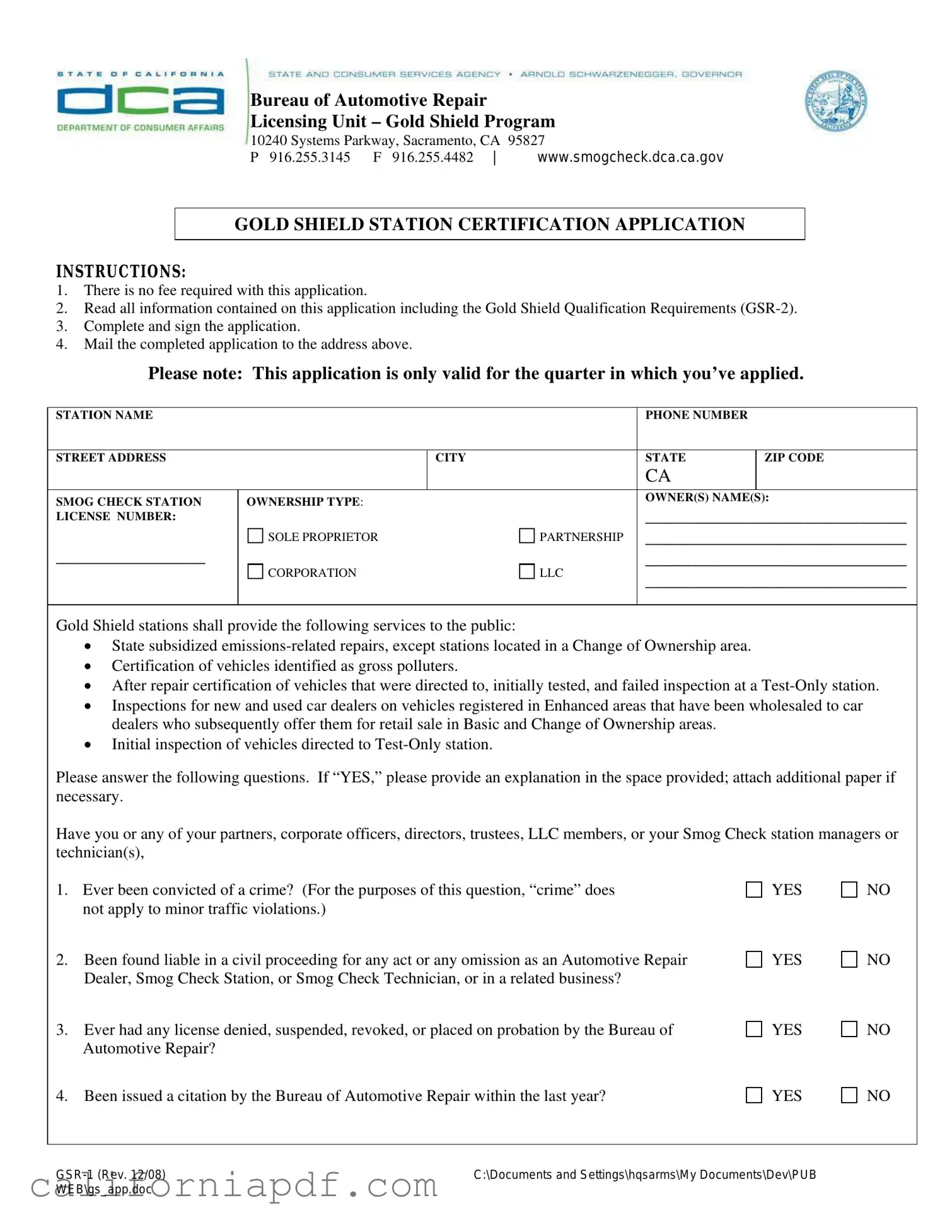 Fill a Valid California Dca Gsr 1 Form