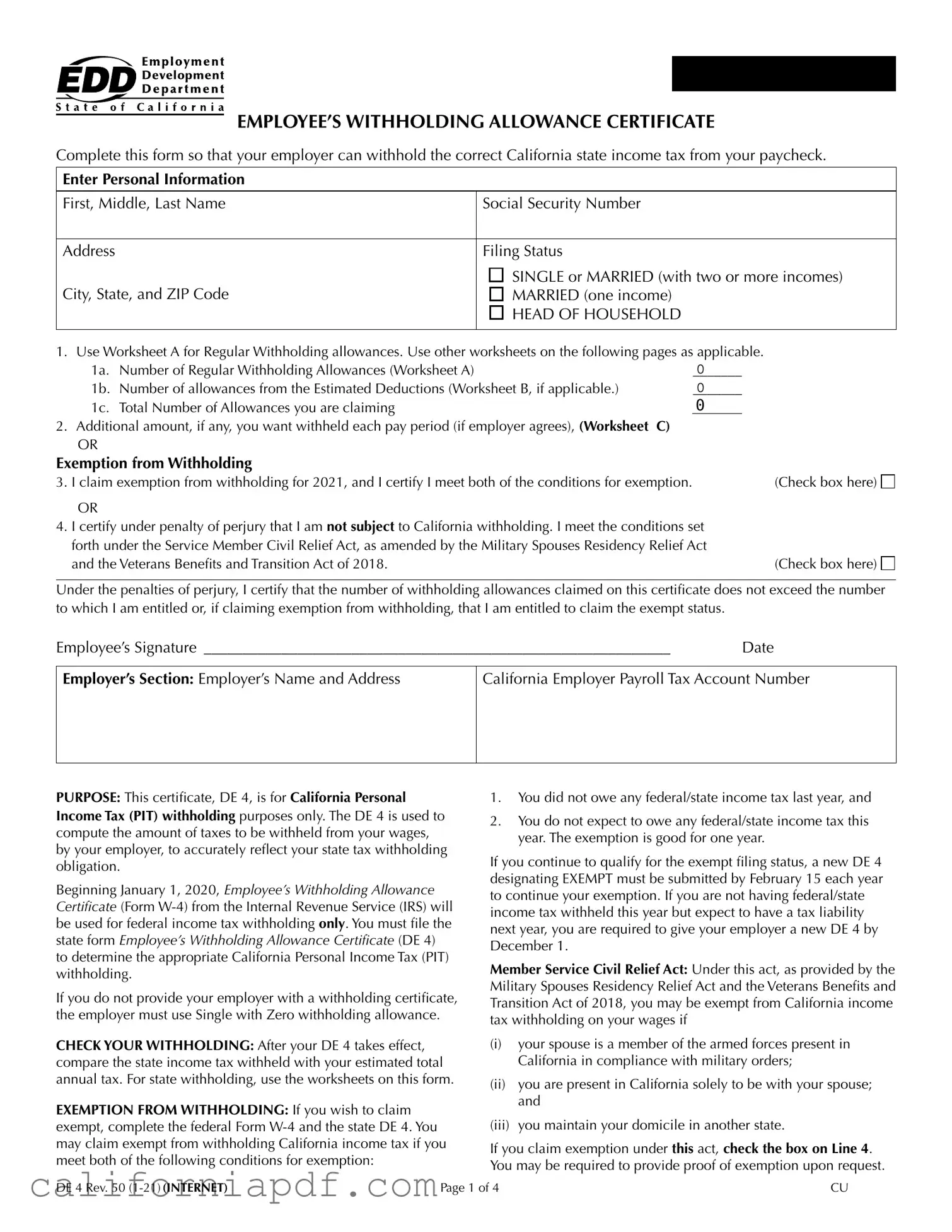 Fill a Valid California De 4 Form
