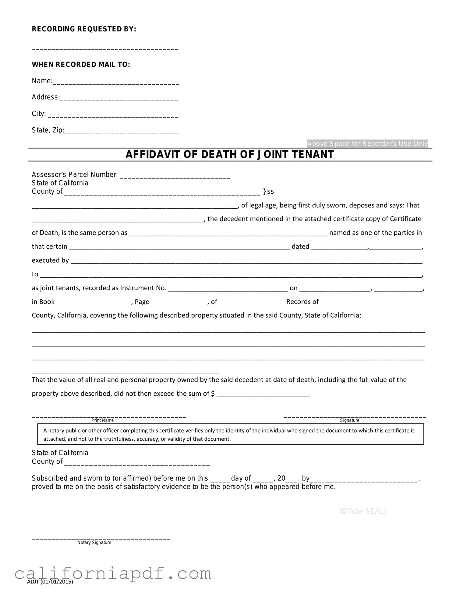 Fill a Valid California Death of a Joint Tenant Affidavit Form