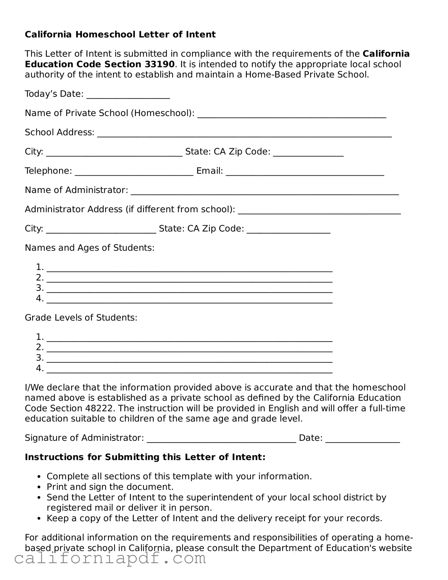 Attorney-Approved California Homeschool Letter of Intent Document