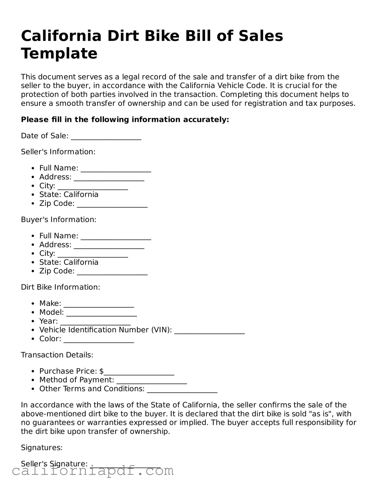 Attorney-Approved California Dirt Bike Bill of Sale Document