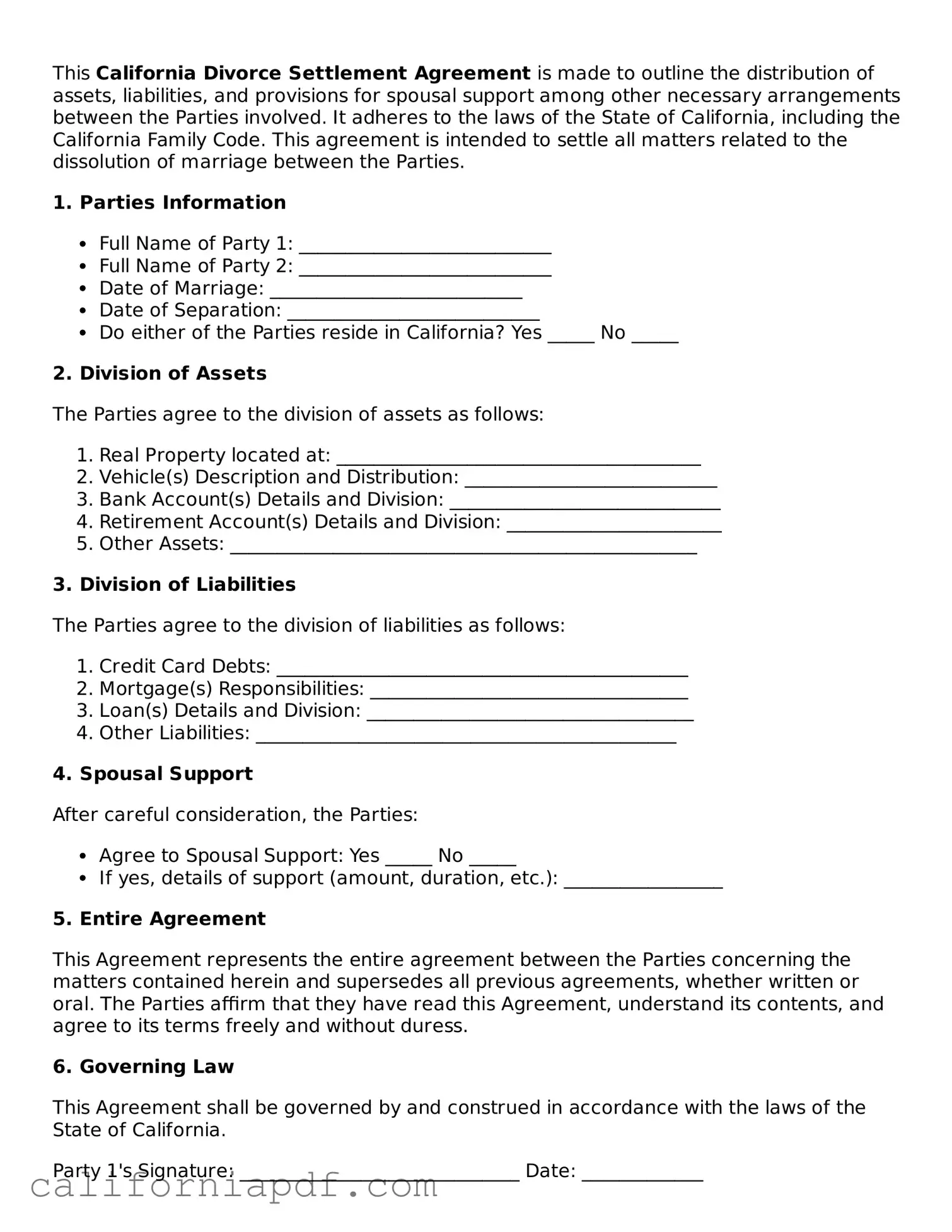 Attorney-Approved California Divorce Settlement Agreement Document