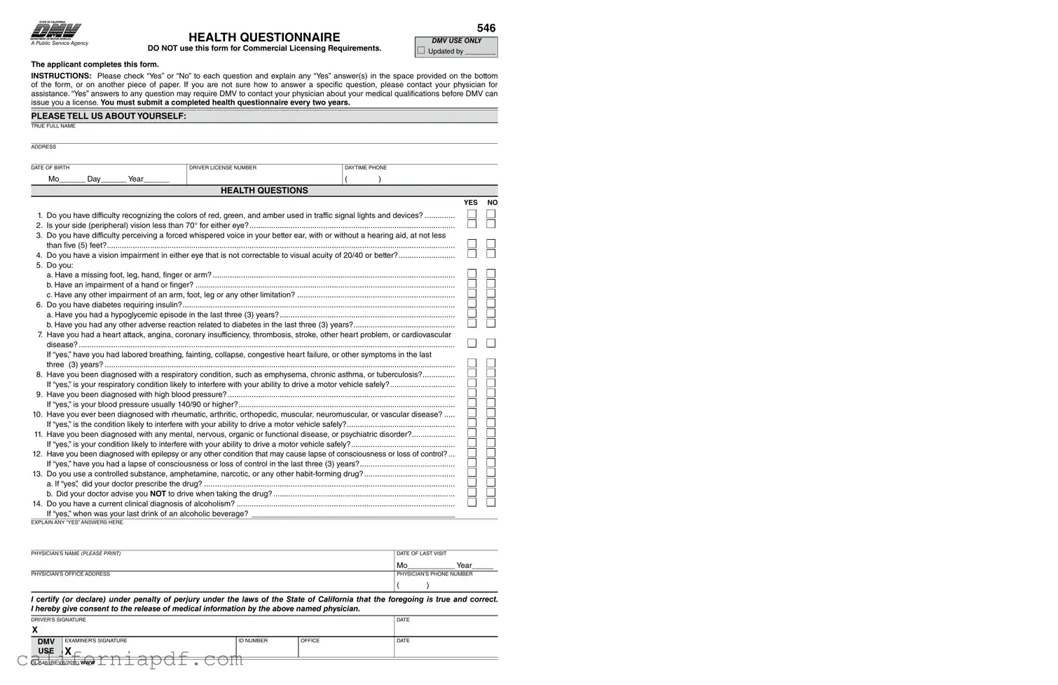 Fill a Valid California Dmv Dl 546 Form