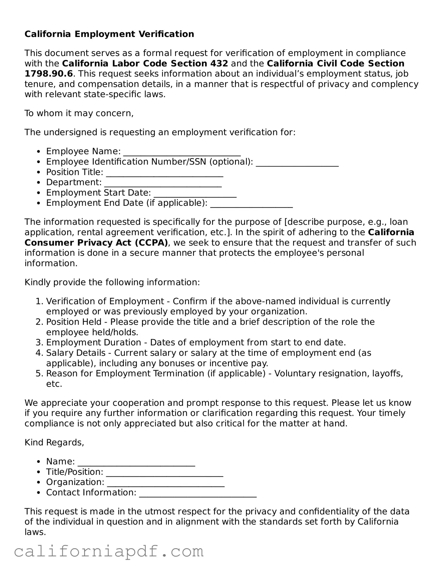 Attorney-Approved California Employment Verification Document