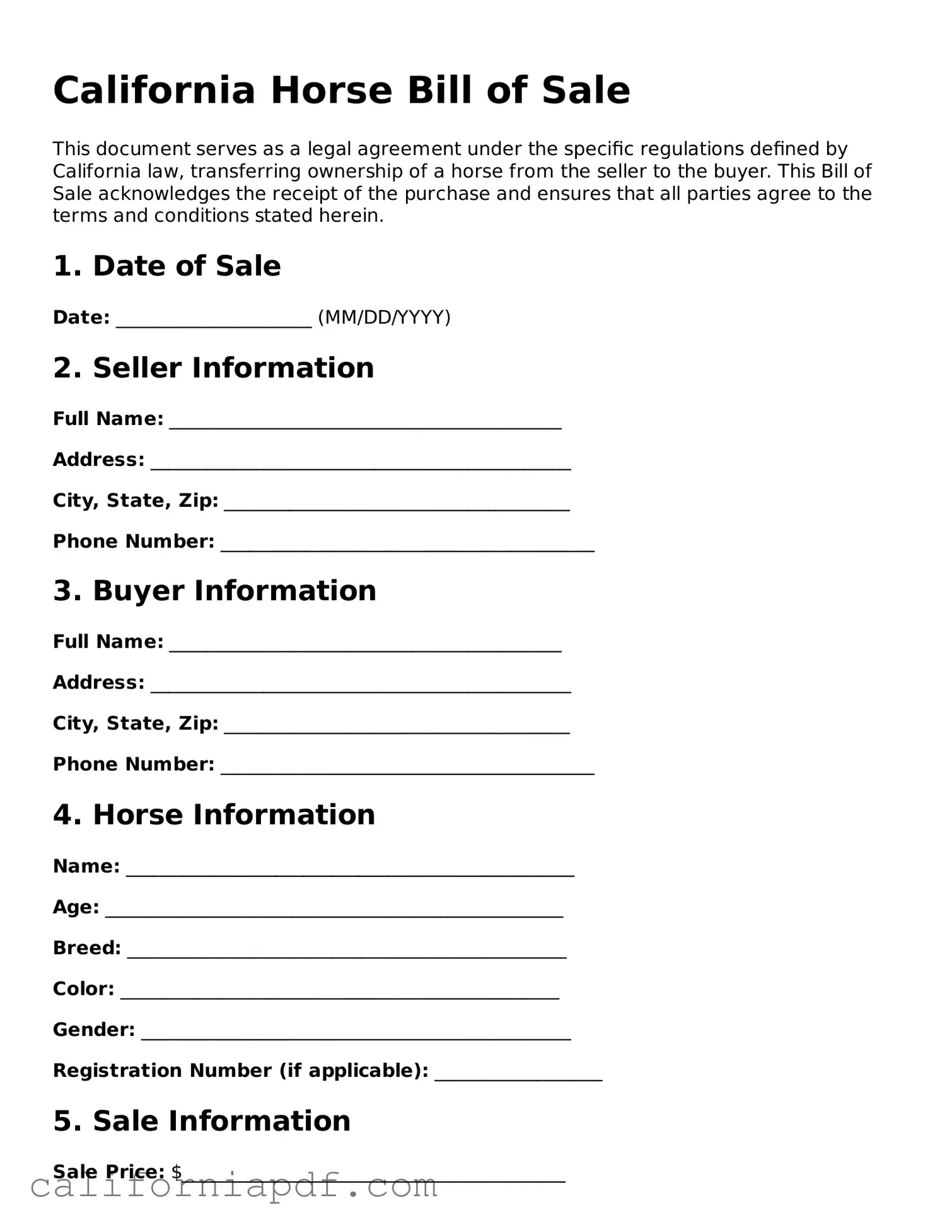 Attorney-Approved California Horse Bill of Sale Document