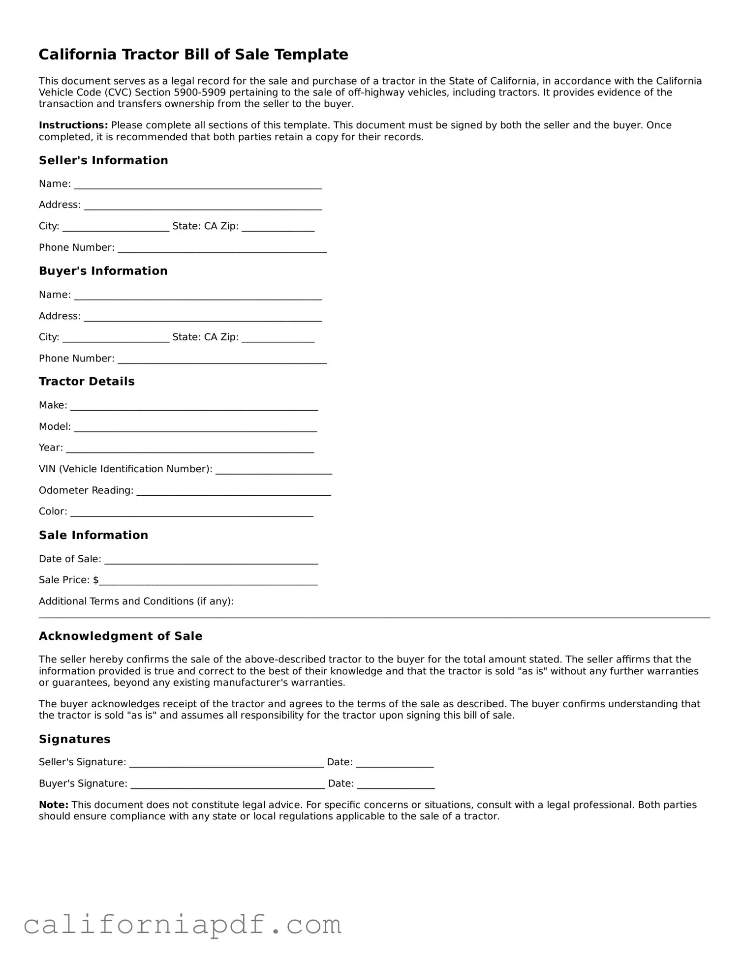 Attorney-Approved California Tractor Bill of Sale Document
