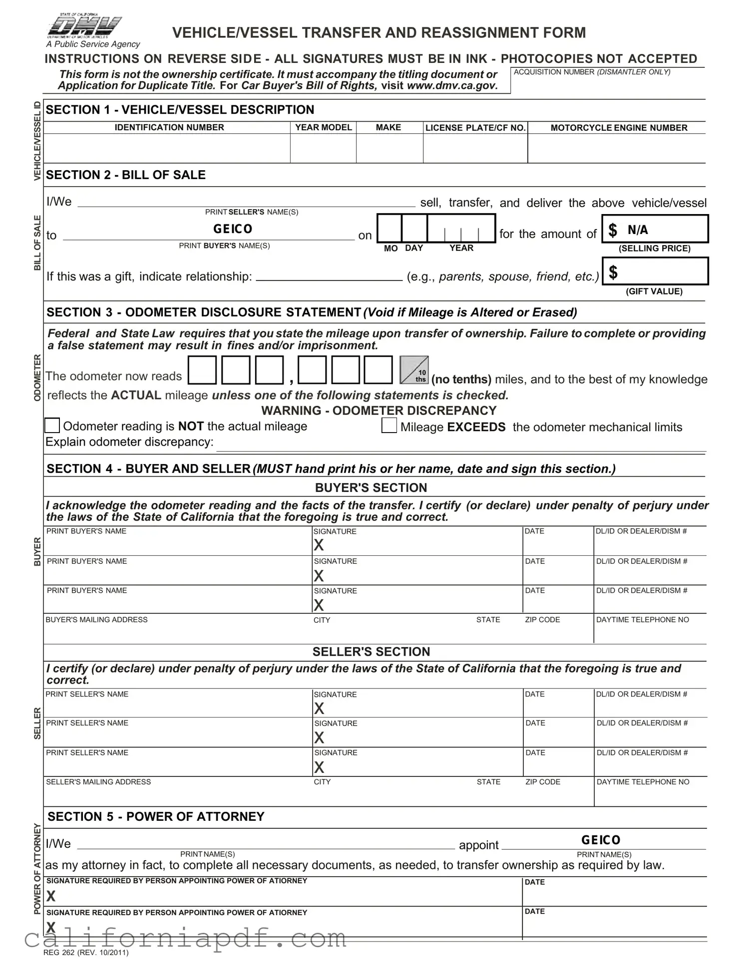 Fill a Valid California Fotm Reg 262 Form