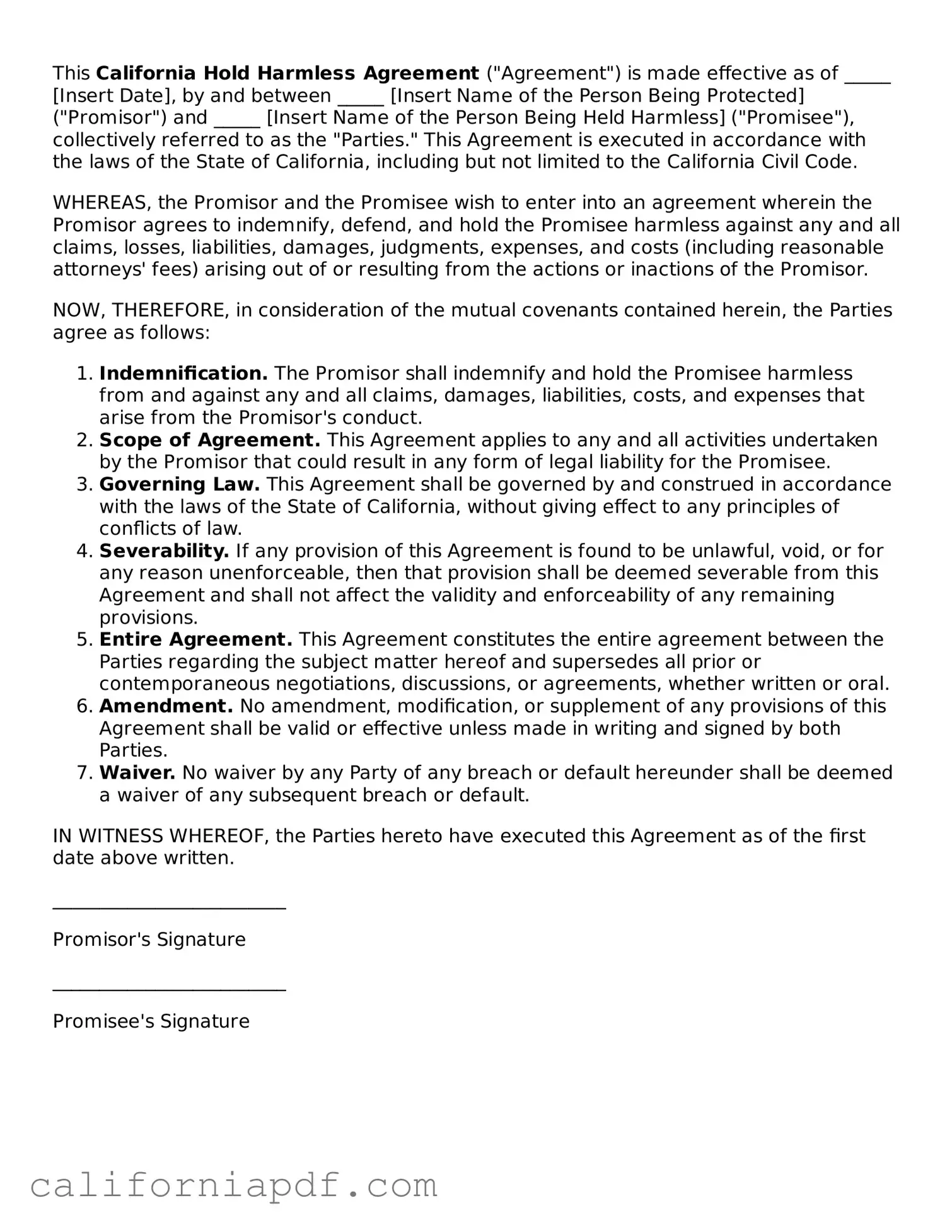 Attorney-Approved California Hold Harmless Agreement Document