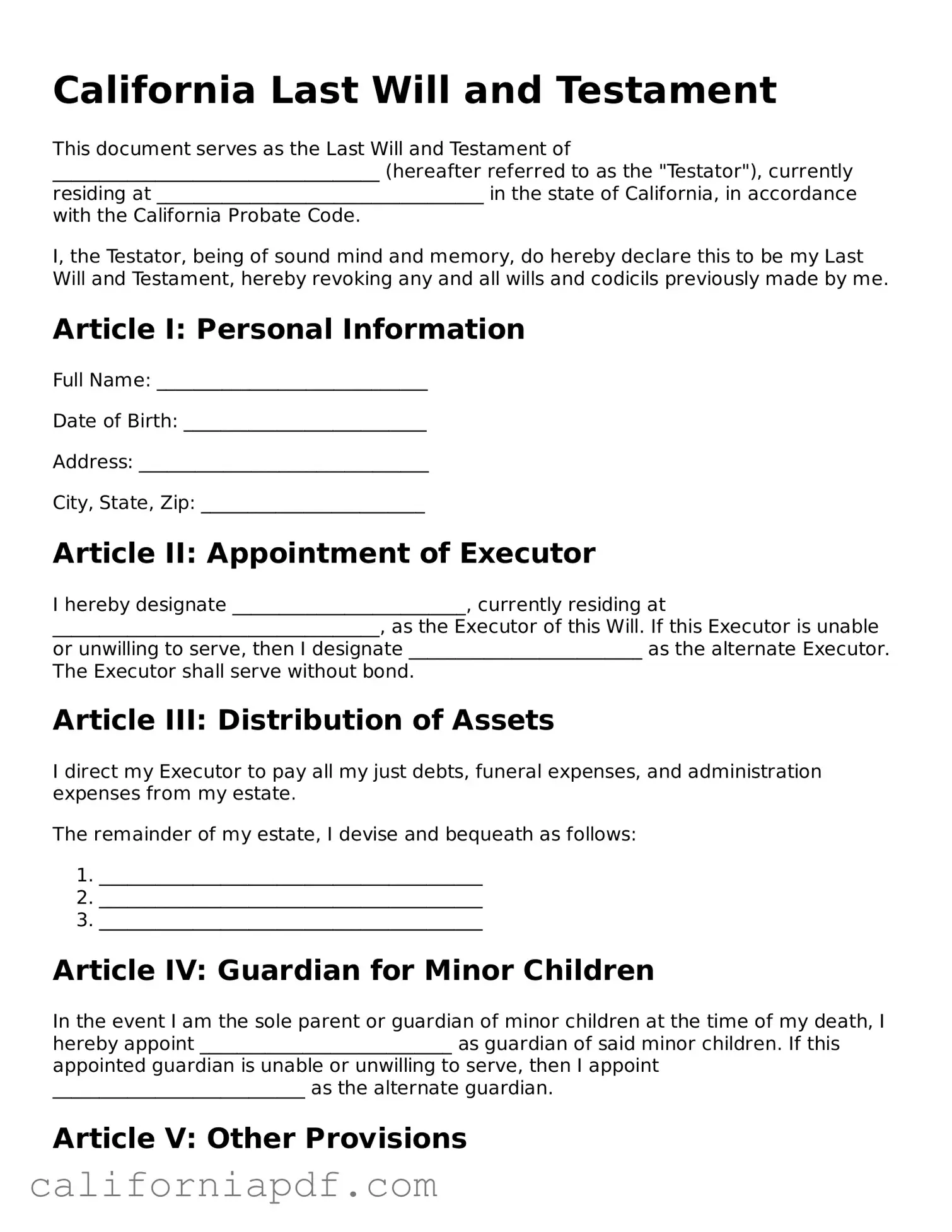 Attorney-Approved California Last Will and Testament Document