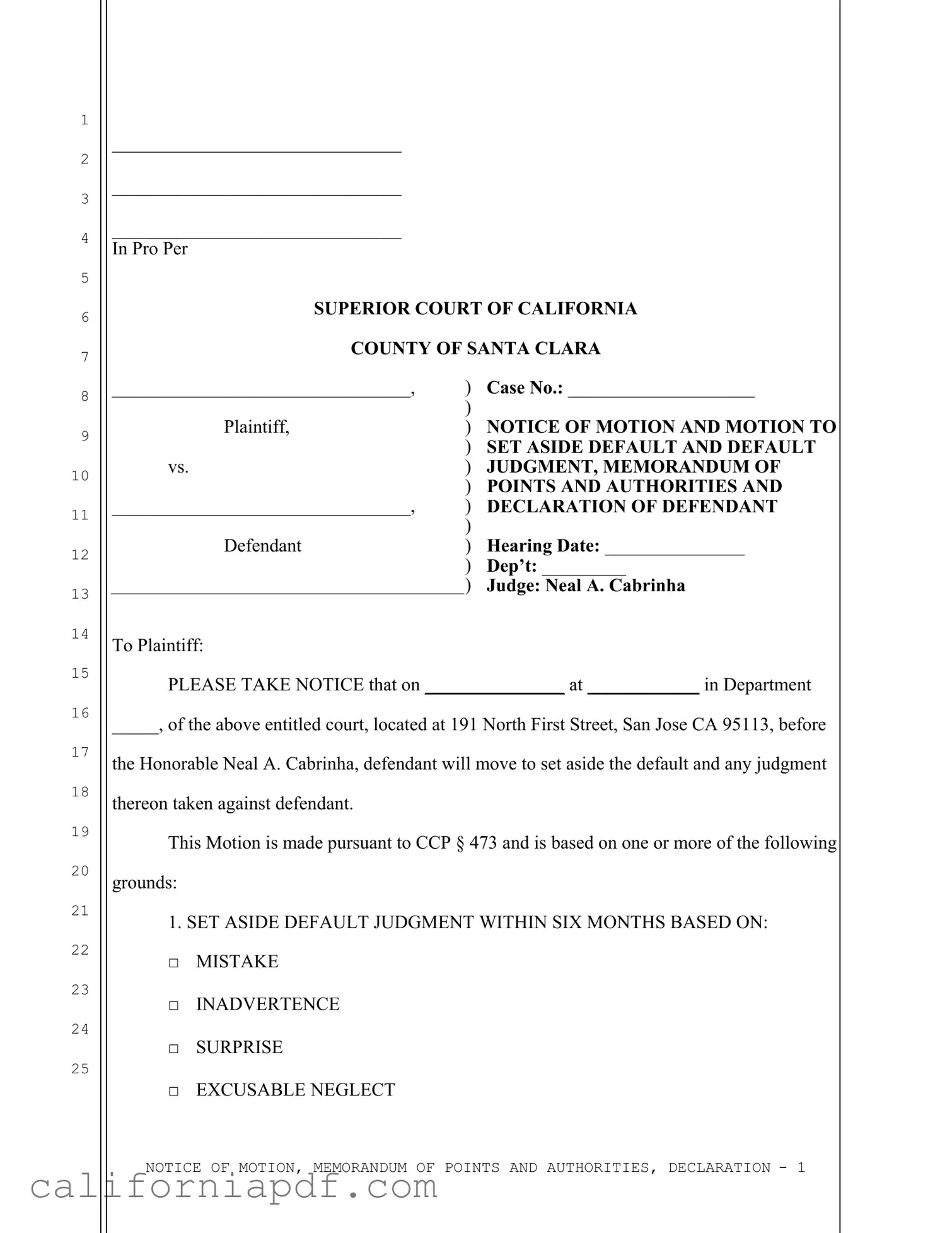 Fill a Valid California Motion Set Aside Form