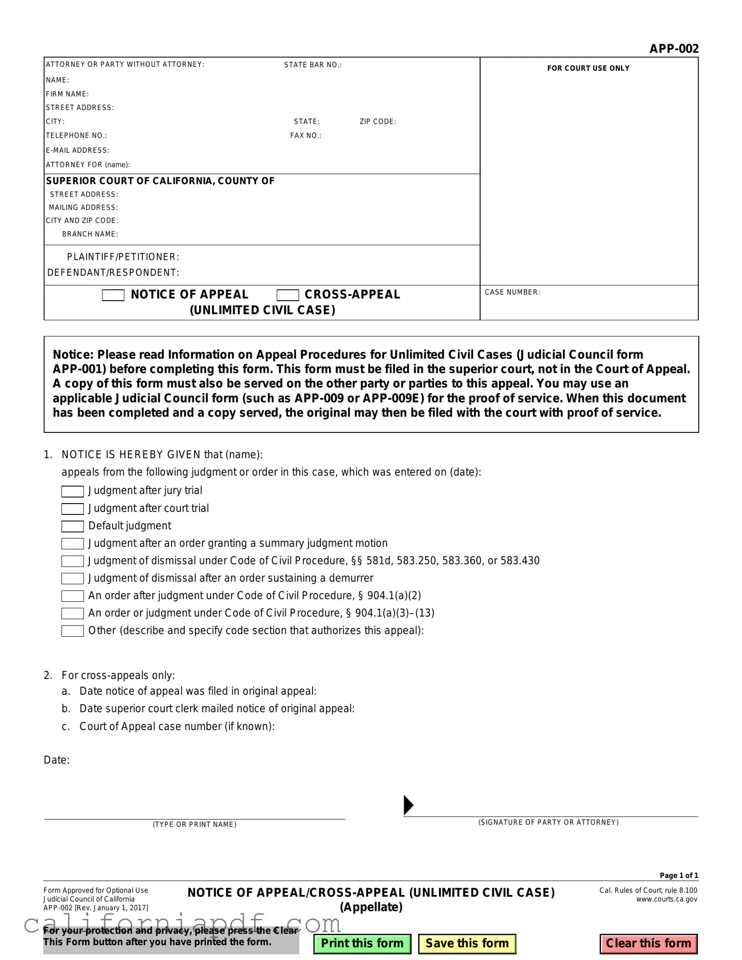 Fill a Valid California Notice App 002 Form