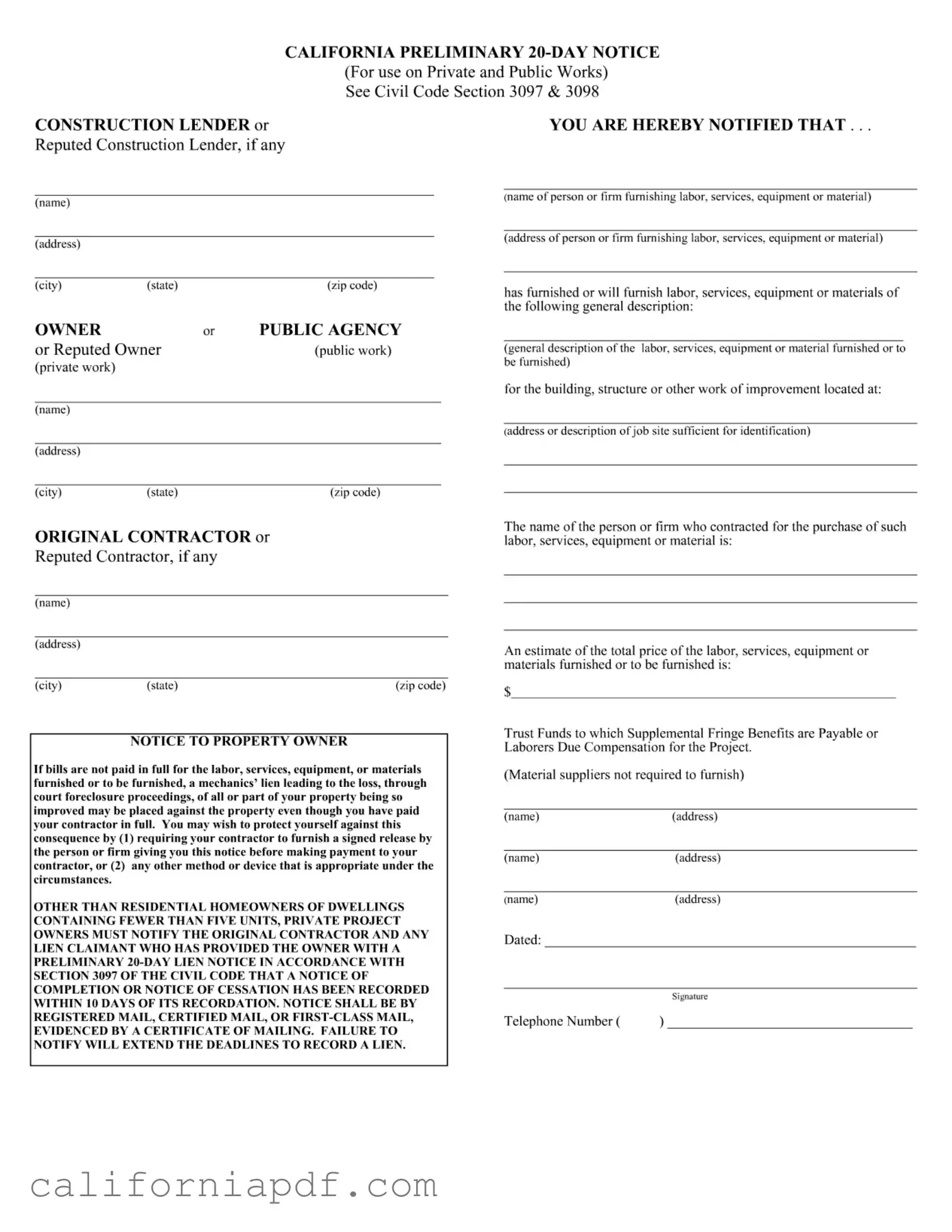 Fill a Valid California Preliminary 20 Day Notice Form