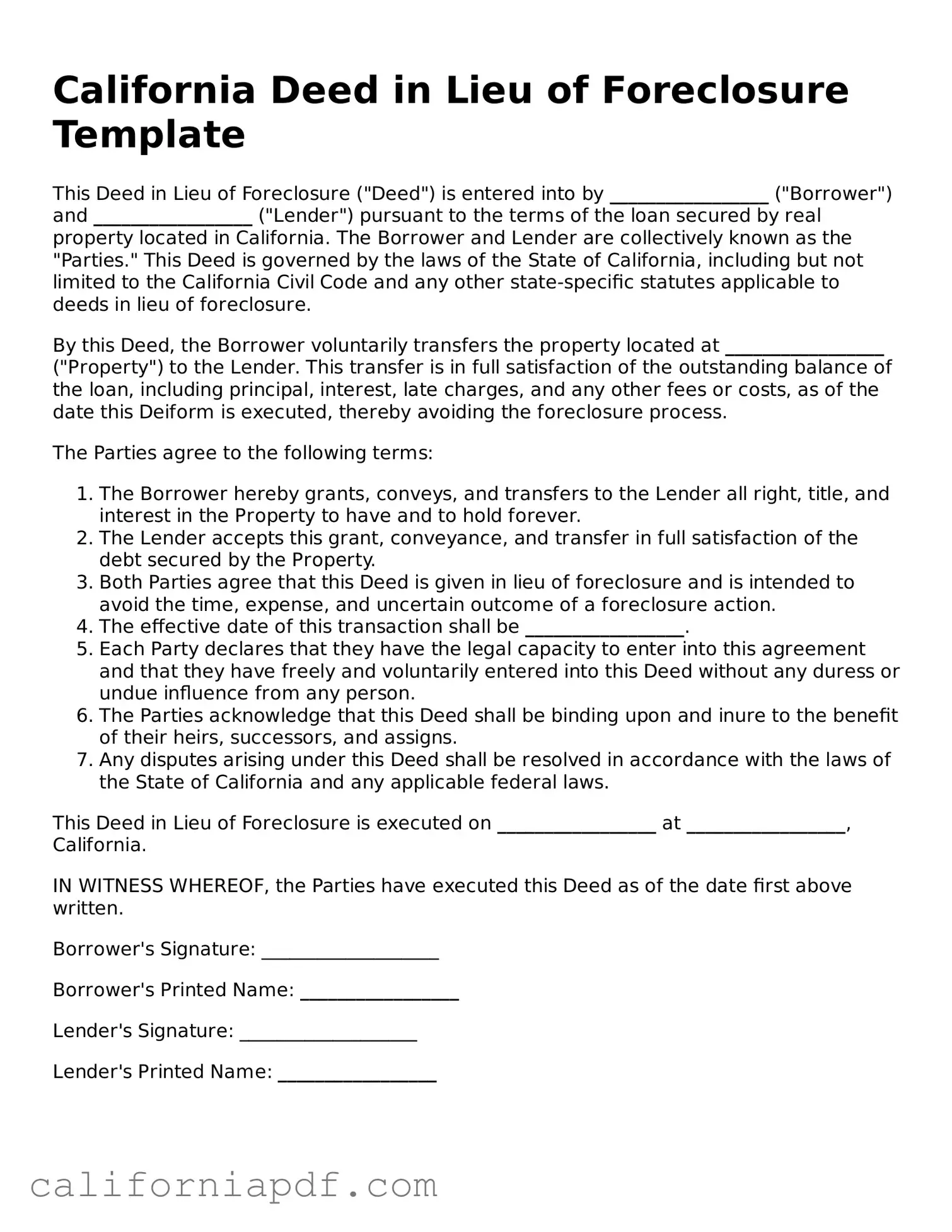 Attorney-Approved California Deed in Lieu of Foreclosure Document