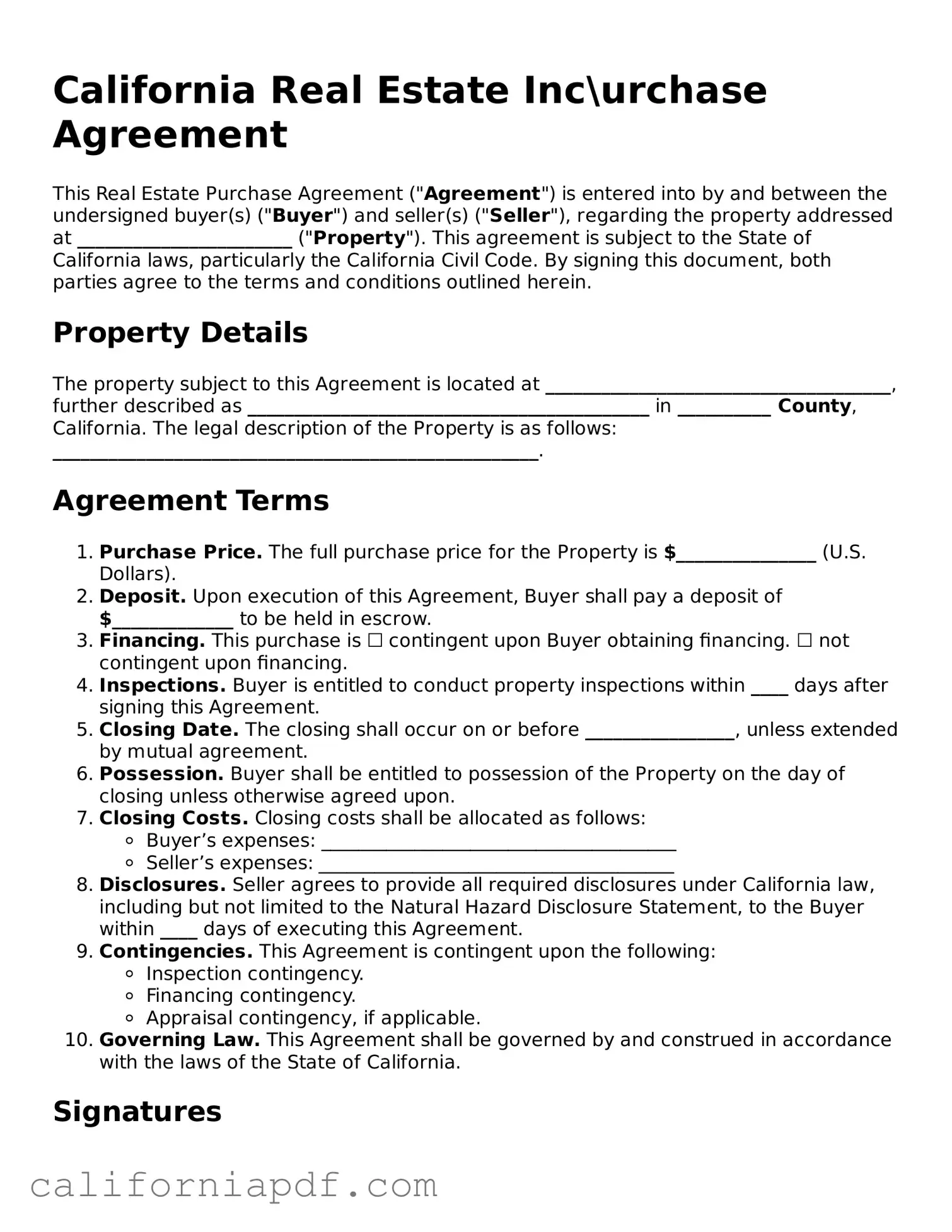 Attorney-Approved California Real Estate Purchase Agreement Document