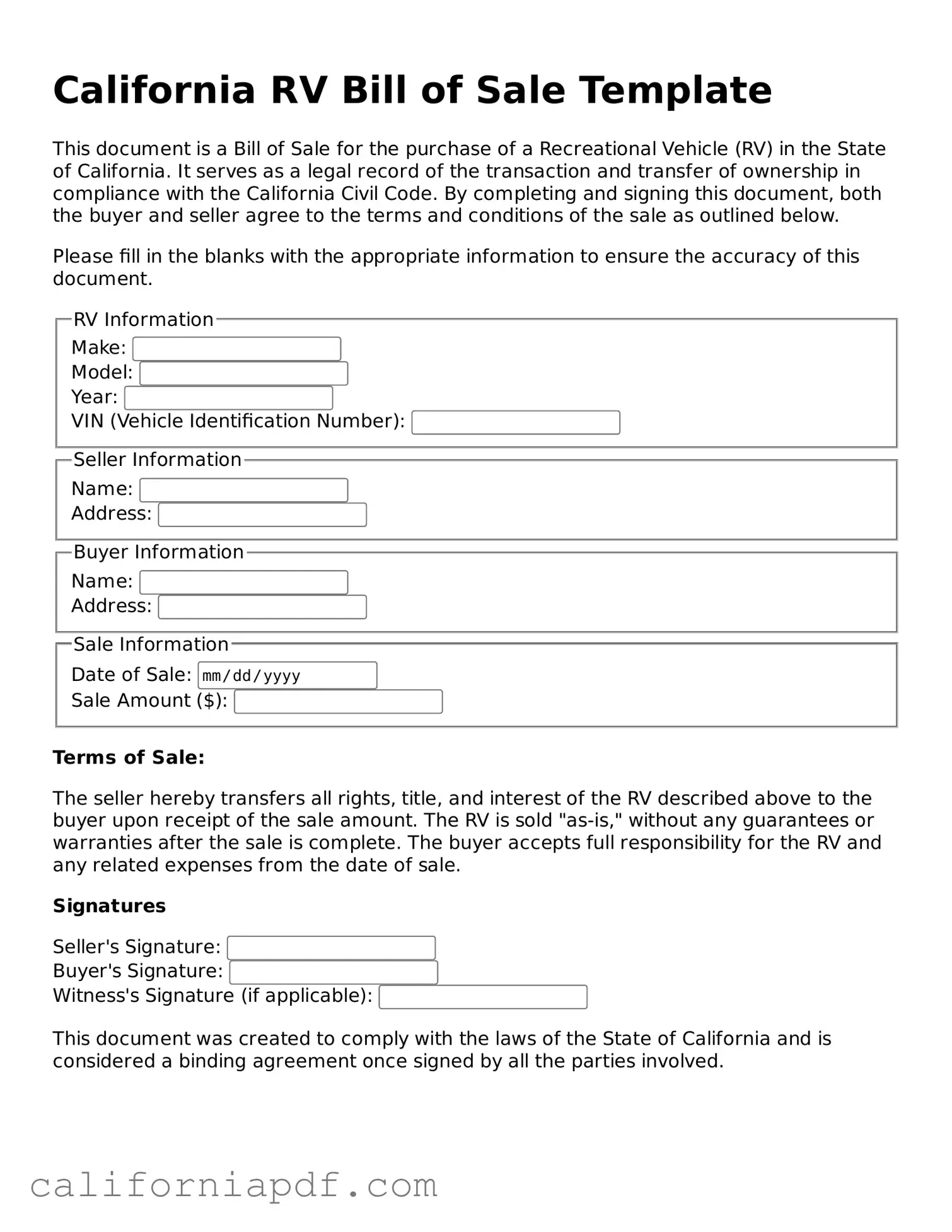 Attorney-Approved California RV Bill of Sale Document