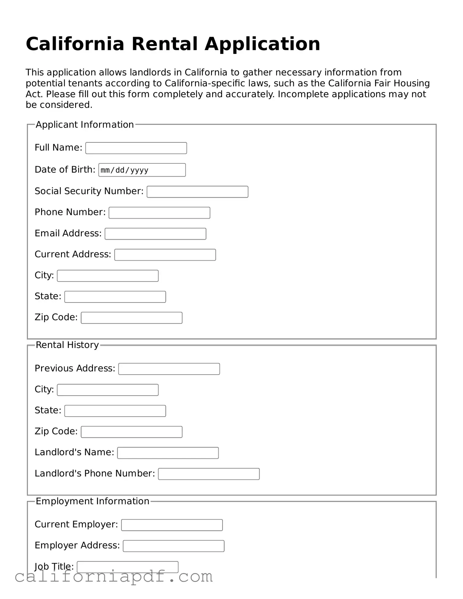 Attorney-Approved California Rental Application Document