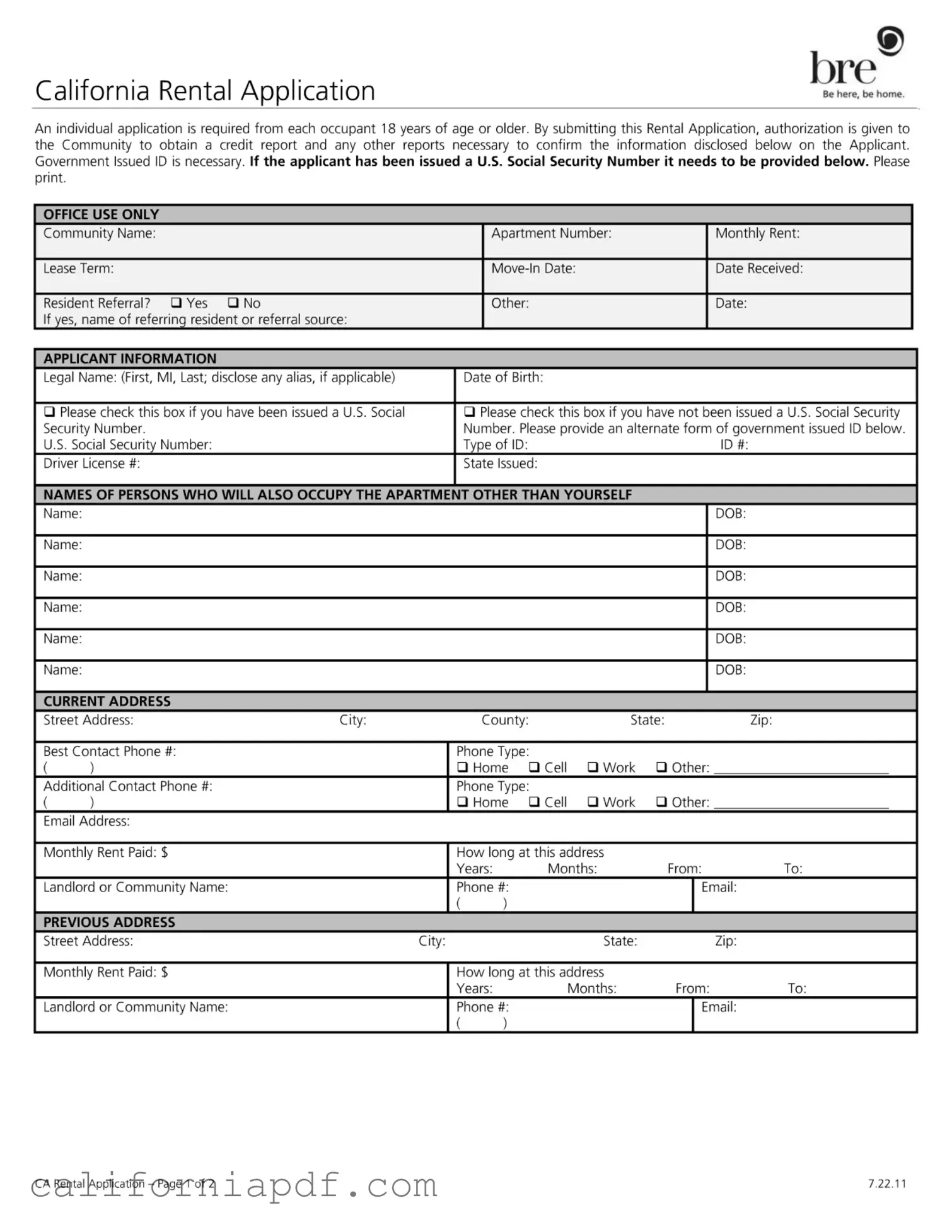Fill a Valid California Rental Application Form