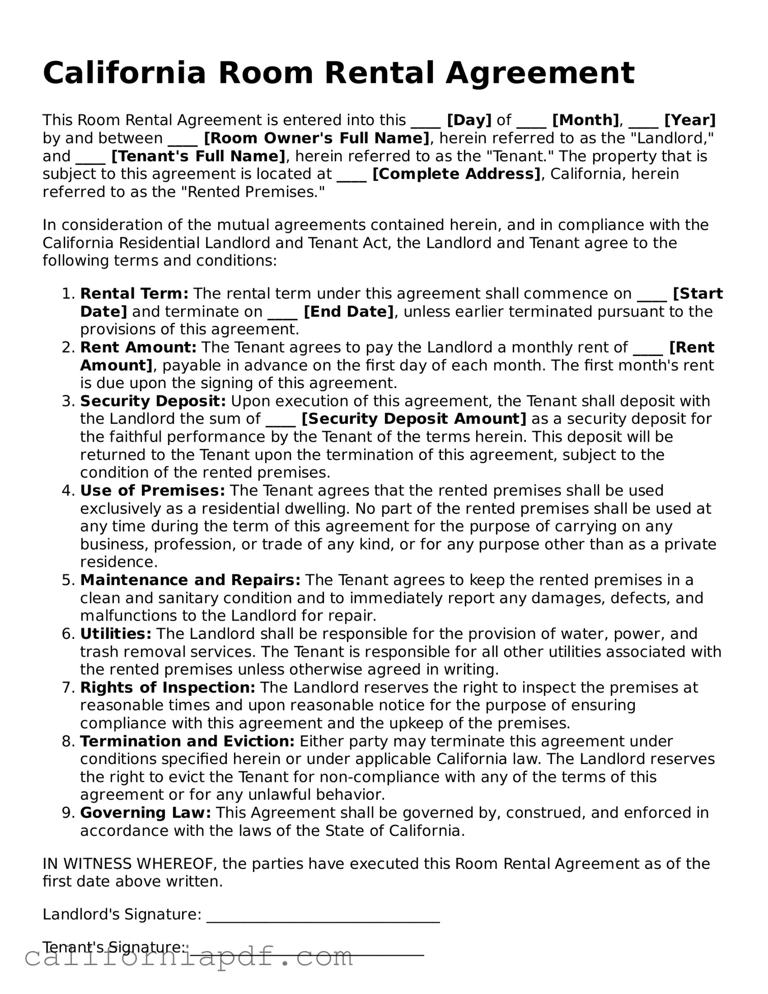 Attorney-Approved California Room Rental Agreement Document