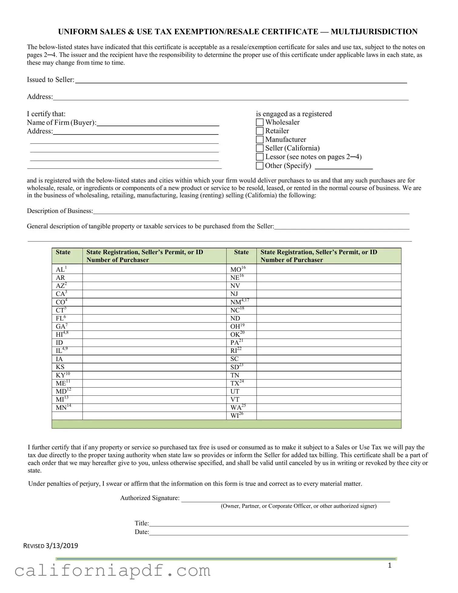 Fill a Valid California Sales Tax Certificate Form
