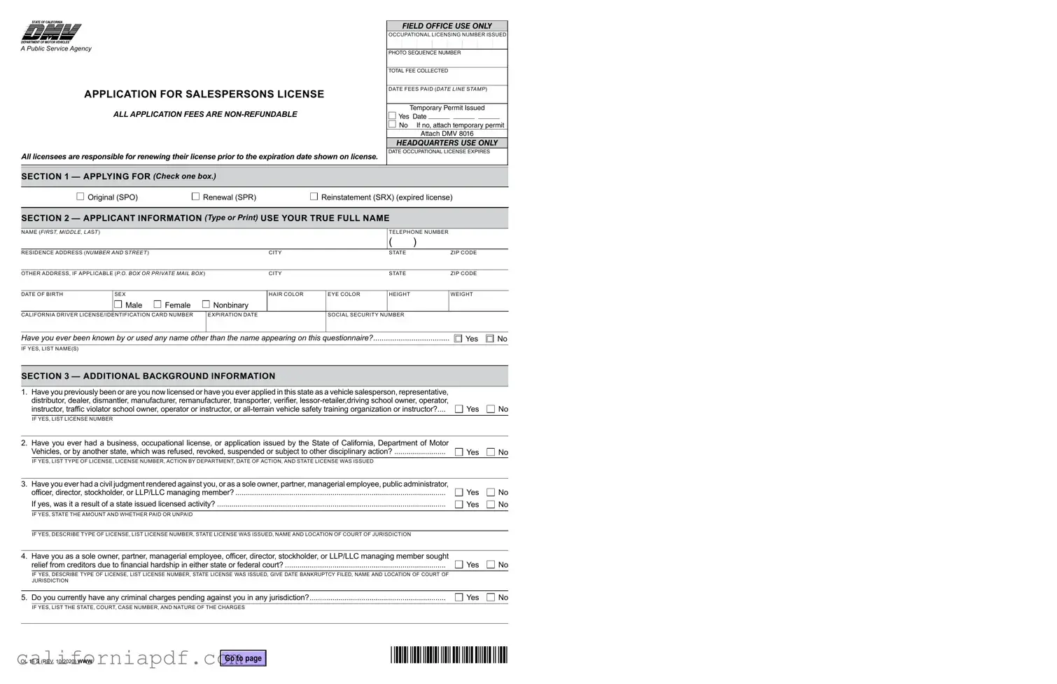 Fill a Valid California Vehicle Salesperson License Form
