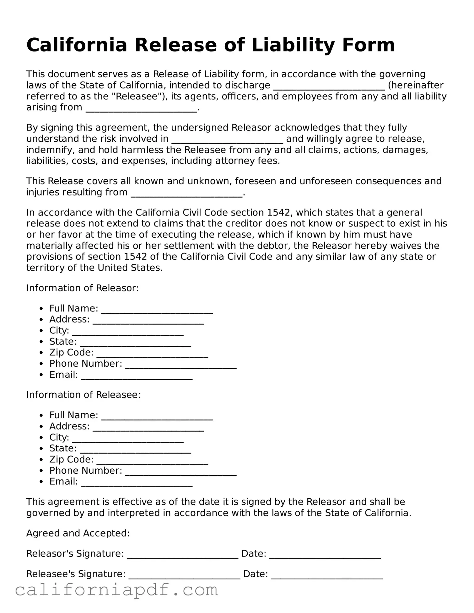 Attorney-Approved California Release of Liability Document